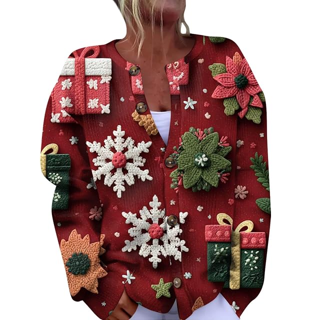 Womens Ugly Christmas Sweater Long Sleeve Open Front New Years Holiday Reindeer Sweater Cardigan