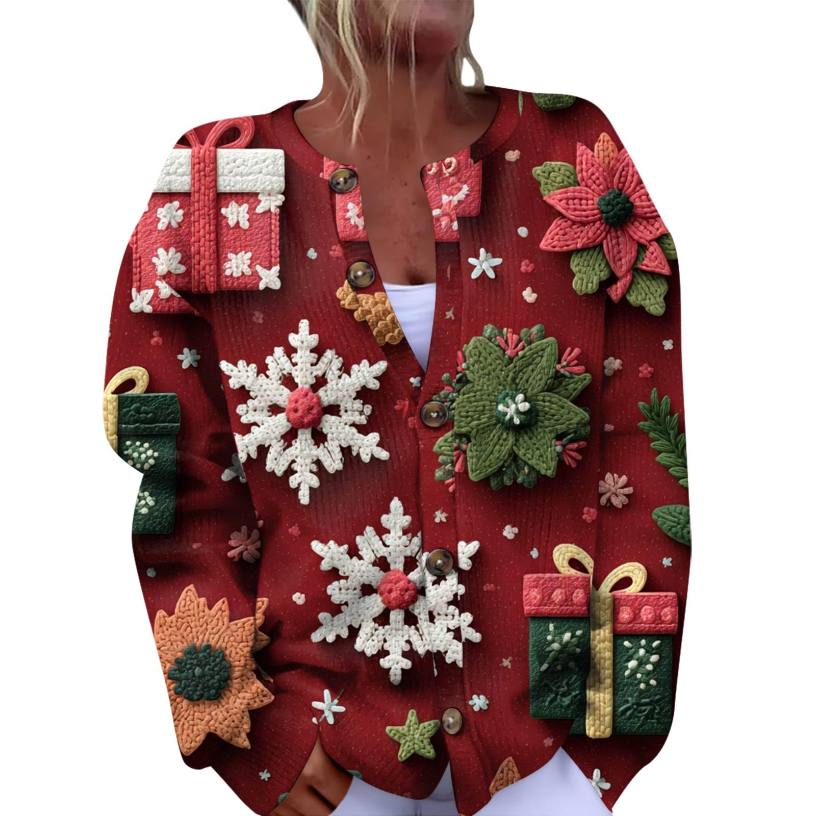 Womens Ugly Christmas Sweater Long Sleeve Open Front New Years Holiday Reindeer Sweater Cardigan