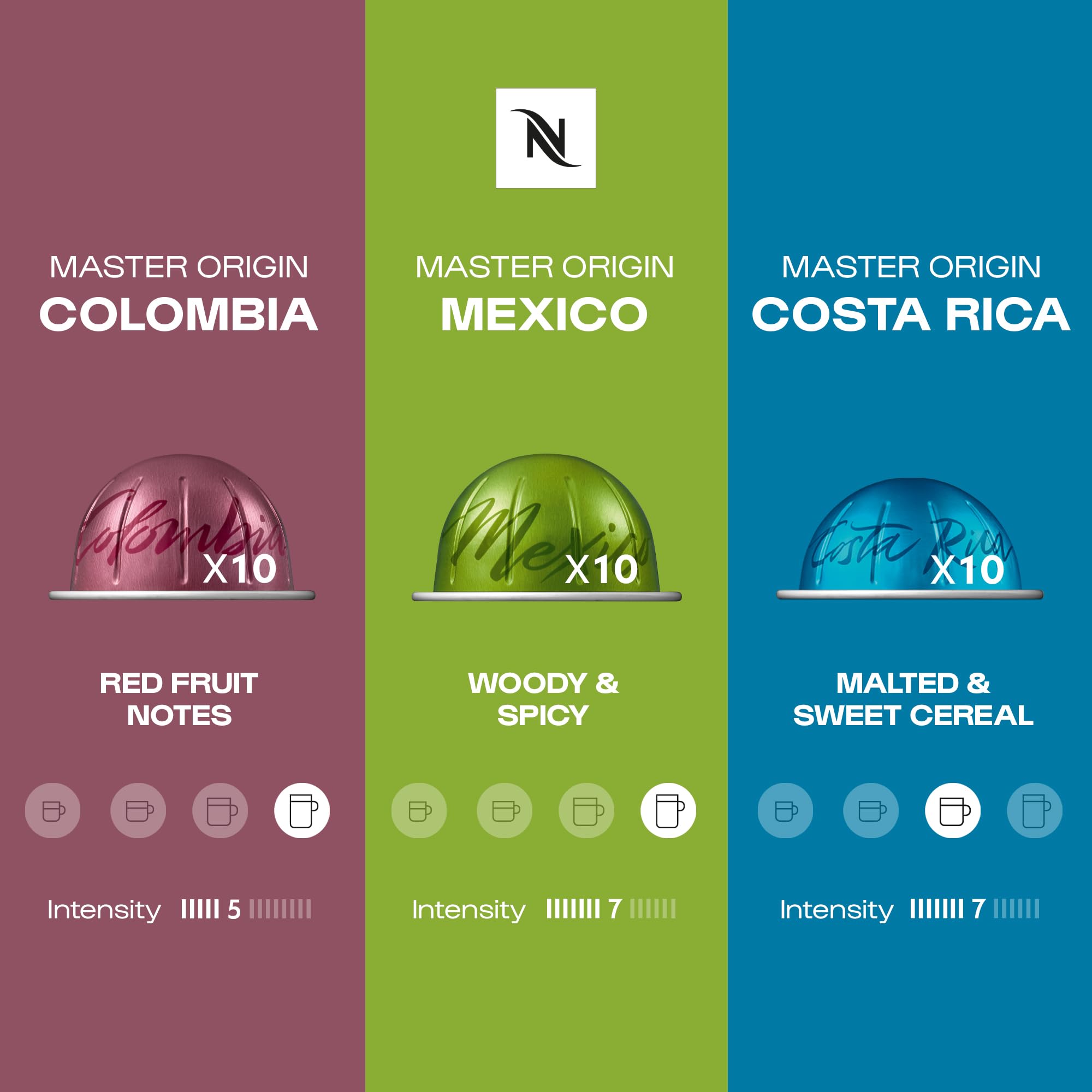 Nespresso Vertuo Capsules de café, pack mixte de 30 Master Origins - 10 x Mexique, 10 x Colombie, 10 x Costa Rica. Pour préparer des expressos, cappuccinos, lattes et cafés glacés à la maison