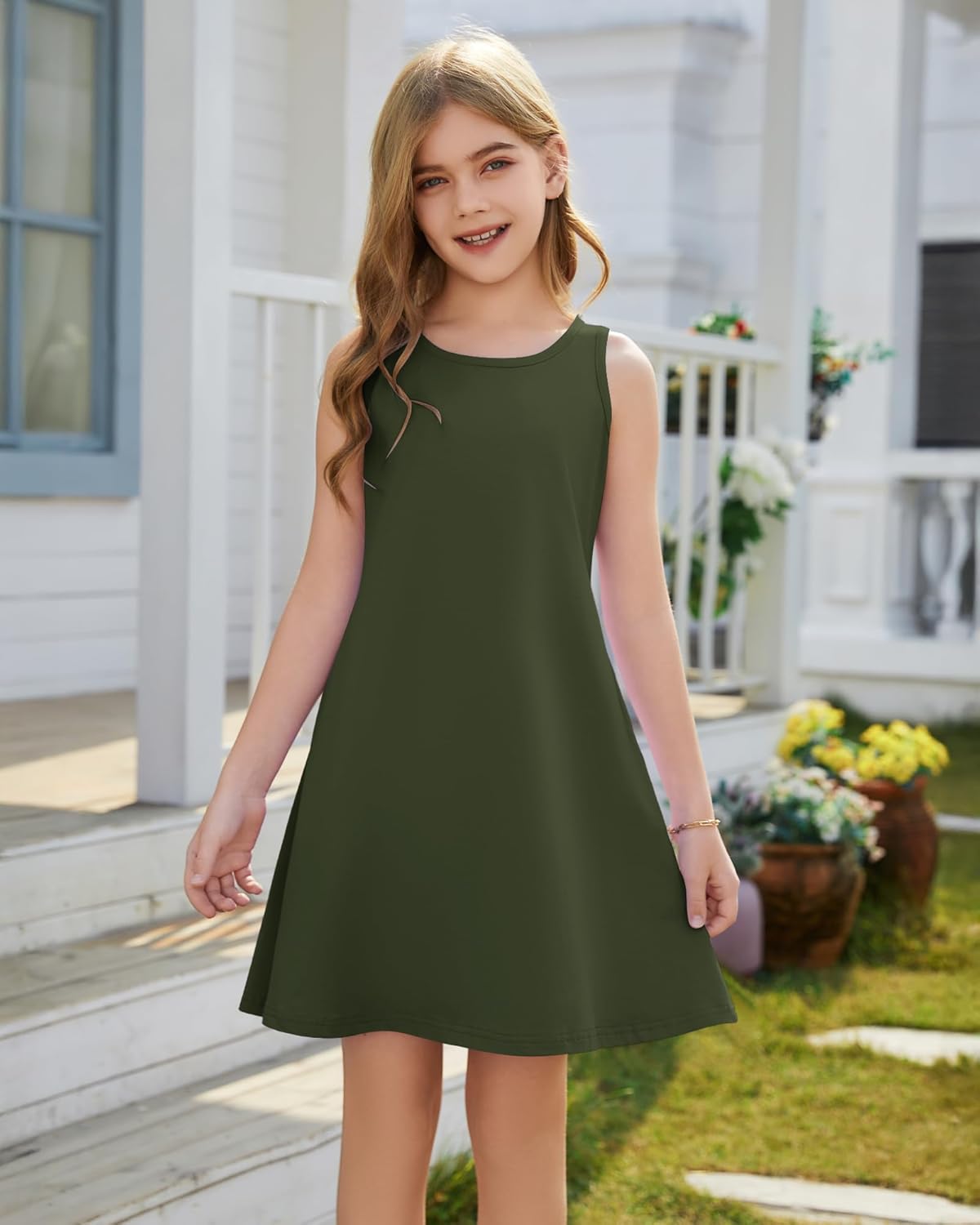 Girls Sleeveless Summer Dress Kids Crewneck Casual Mini Floral A Line Beach Sundresses with Pockets 5-14 Years - Image 4