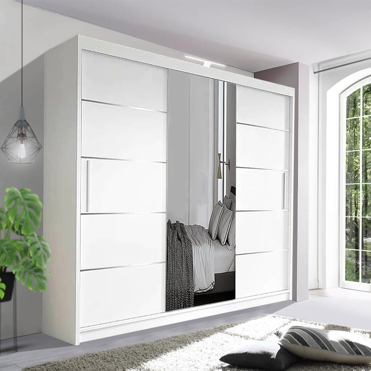 Contemporary Bedroom Sliding Wardrobe with LED Light - Spacious and Stylish Design comes in White/Grey/Black/Oak and Width 120cm/150cm/180cm/203cm/250cm (White, 250cm)