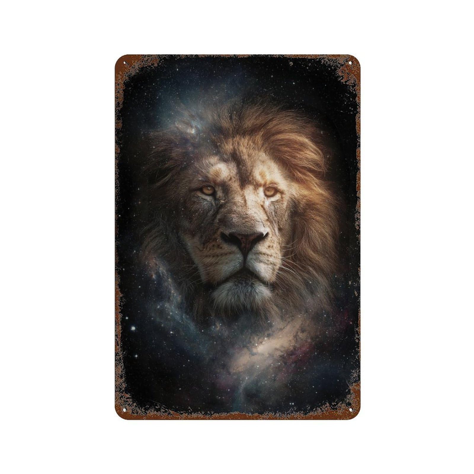 Rust Effect Lion Galaxy Wall Art Print Aged Metal Wall Plaque 11.8"x7.9", Shabby Chic Decor for Living Room, Hallway And Home Decor