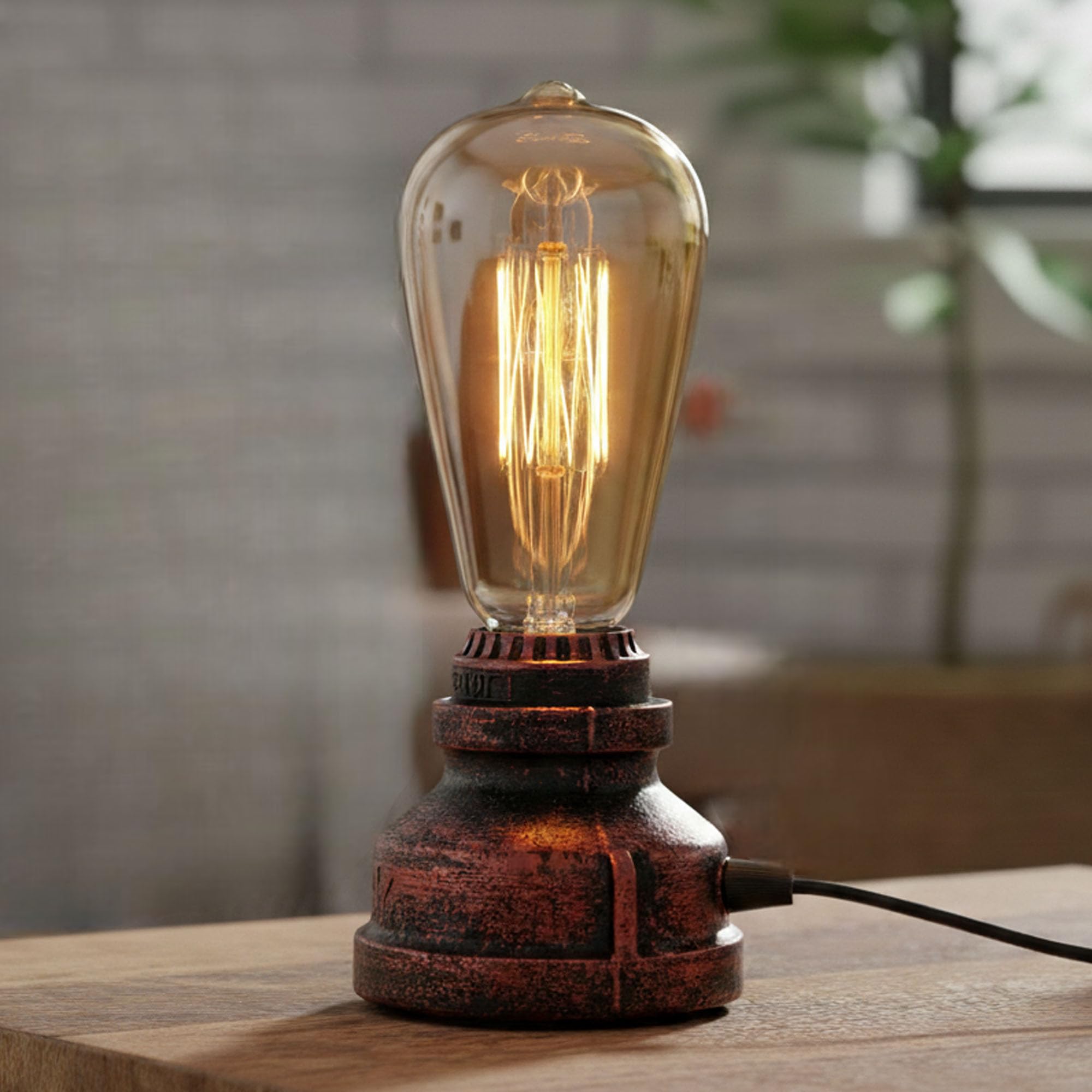LEDSone Vintage Steampunk Pipe Table Lamp Industrial Rustic Red Desk Light Retro Bedside Night Lamp with E27 Holder for Bedroom, Living Room, Office Décor