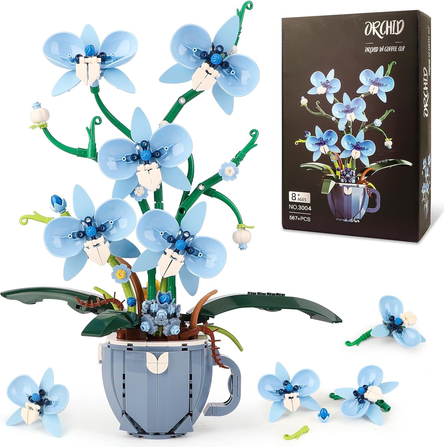 QLT 567PCS Blue Orchid Flowers Building Block Set, Artificial Flower Botanicals Kit for Adults, Compatible with Lego, DIY Home Decoration Kit, Flowers Home Decor Gift for Mother's Day, Valentine Day