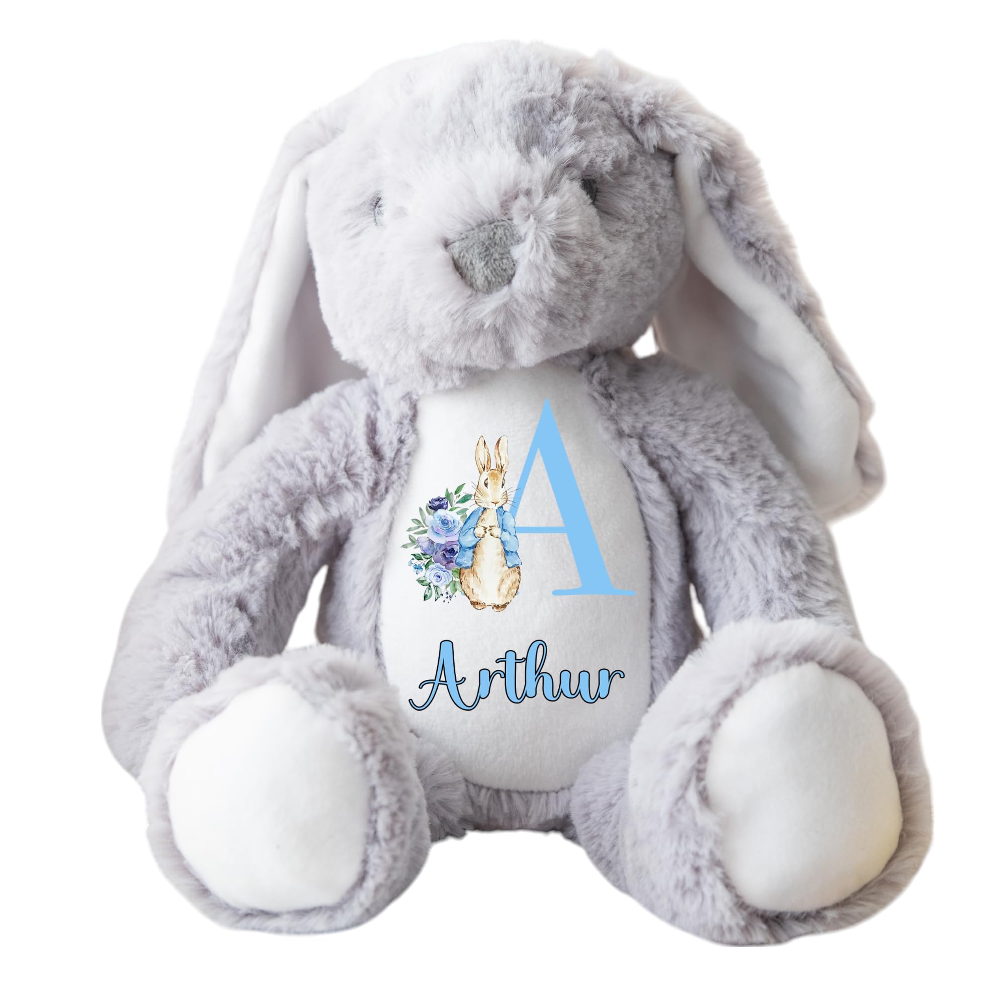 Hoolaroo Personalised Bunny Rabbit Letter Name Baby Grey Blue Gift For Newborn Boy Teddy Bear 23cm New Baby Present Easter