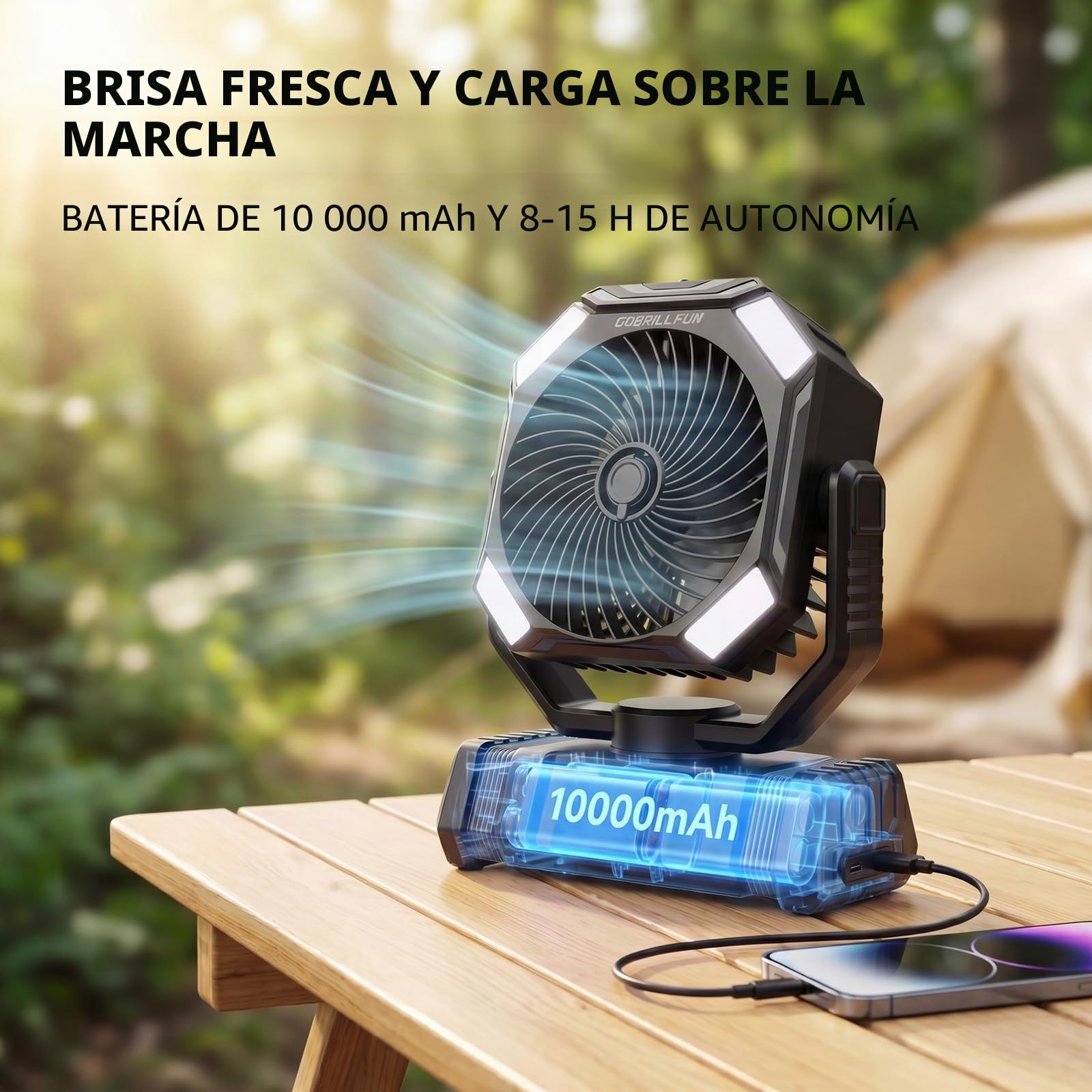 Ventilador a Batería con Nebulizador, Ventilador Portátil Recargable 10000mAh, Ventilador Oscilante con Depósito 300mL, Control Remoto, Luz LED, Temporizador para Camping Terraza Playa Oficina