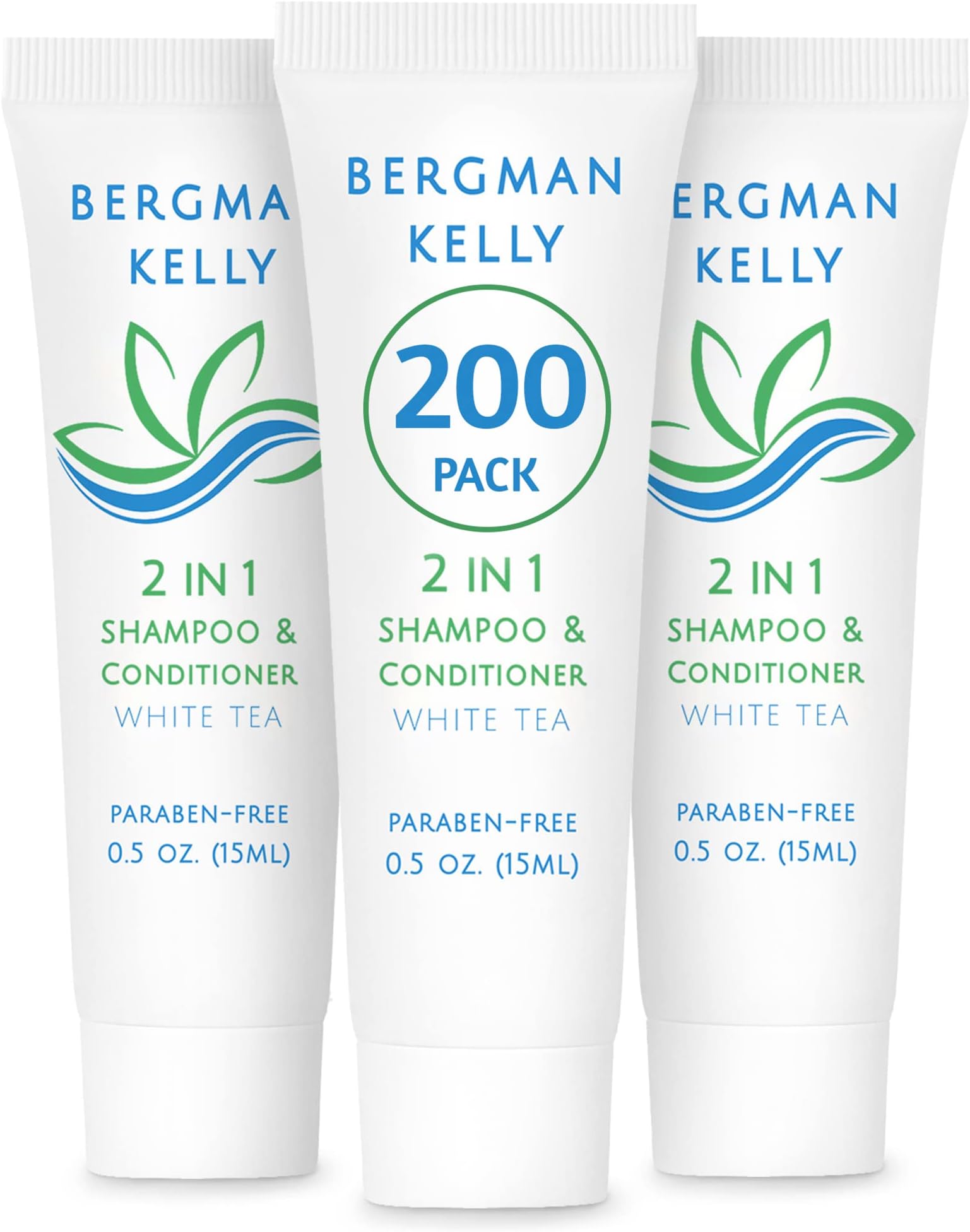 BERGMAN KELLY Hotel Shampoo and Conditioner 2in1 (0.5 Fl Oz, 200 PK, White Tea), Delight Your Guests with Revitalizing and Refreshing Travel Size Shampoo, Quality Mini Hotel Toiletries in Bulk