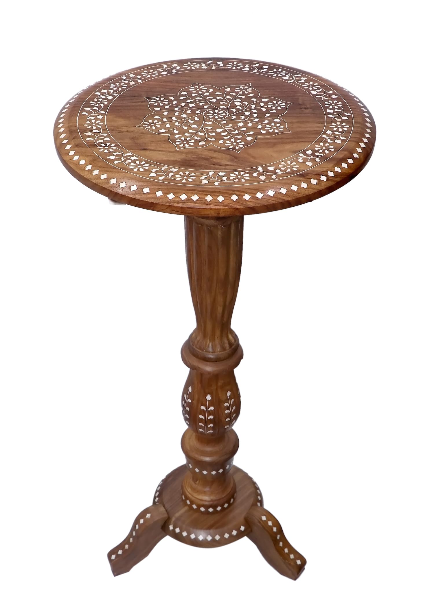 CRAFTCASTLE Wooden Round Beautiful White Inlay Carving Design Side Table/Coffee Table/Outdoor Table/Living Room Furniture(30X15X15) Inch