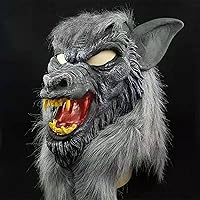 Vista 3 de Máscara de lobo de Halloween, fiesta de cosplay, disfraz de hombre lobo, máscara de terror, máscara de cara completa peluda, arnés para mascarada