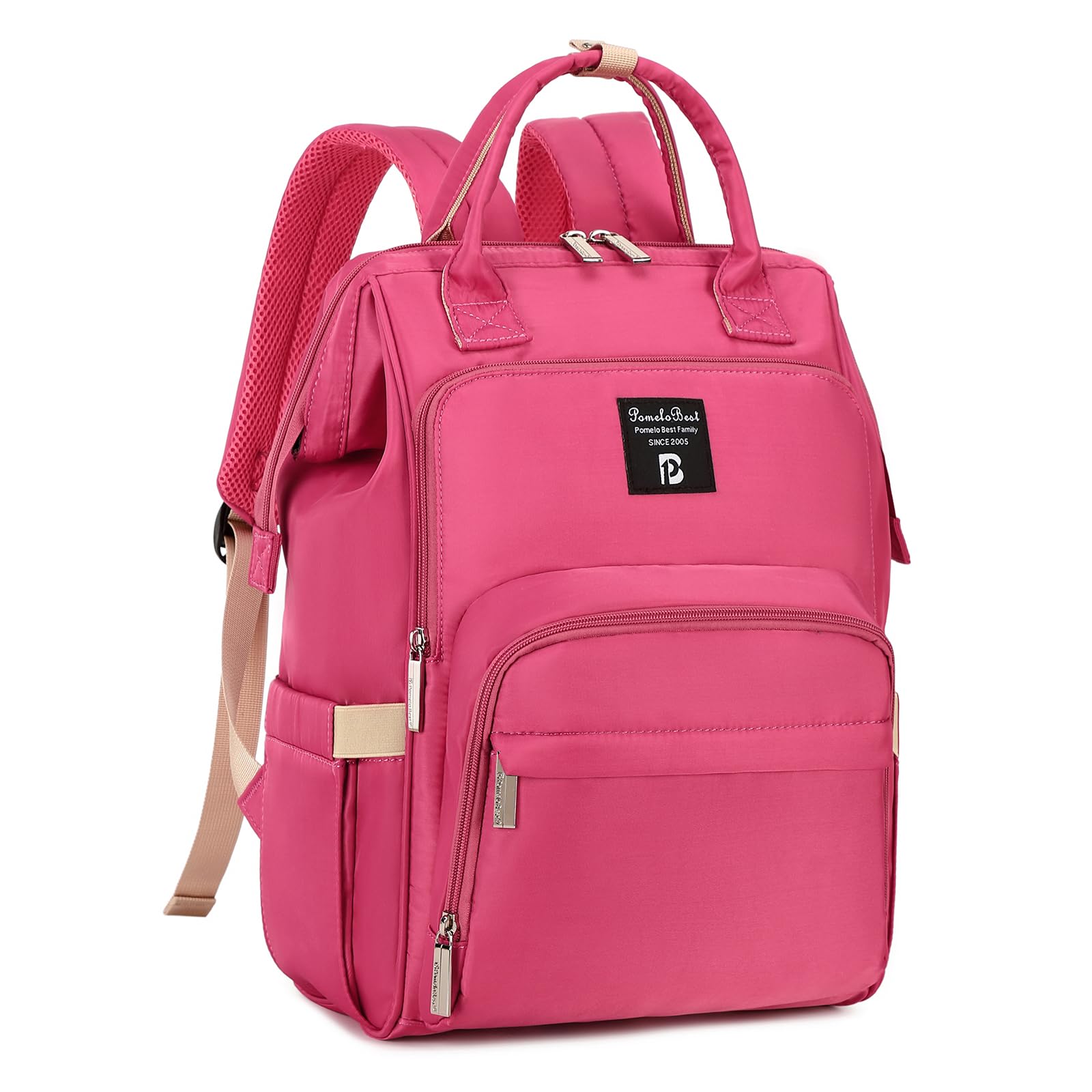 Pomelo Best Diaper Bag Backpack Stylish Waterproof Multifunctional Large Baby Bag with Changing Mat and Stroller Straps (Rosy Red)