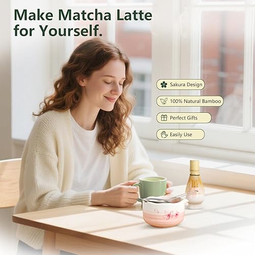 Miniatura 2 de Juego de 7 batidores de matcha, Sakura Cherry Bloosm Matcha Kit de Navidad para mujeres, cumpleaños, mamá, niñas, niños y amantes del té Matcha, con
