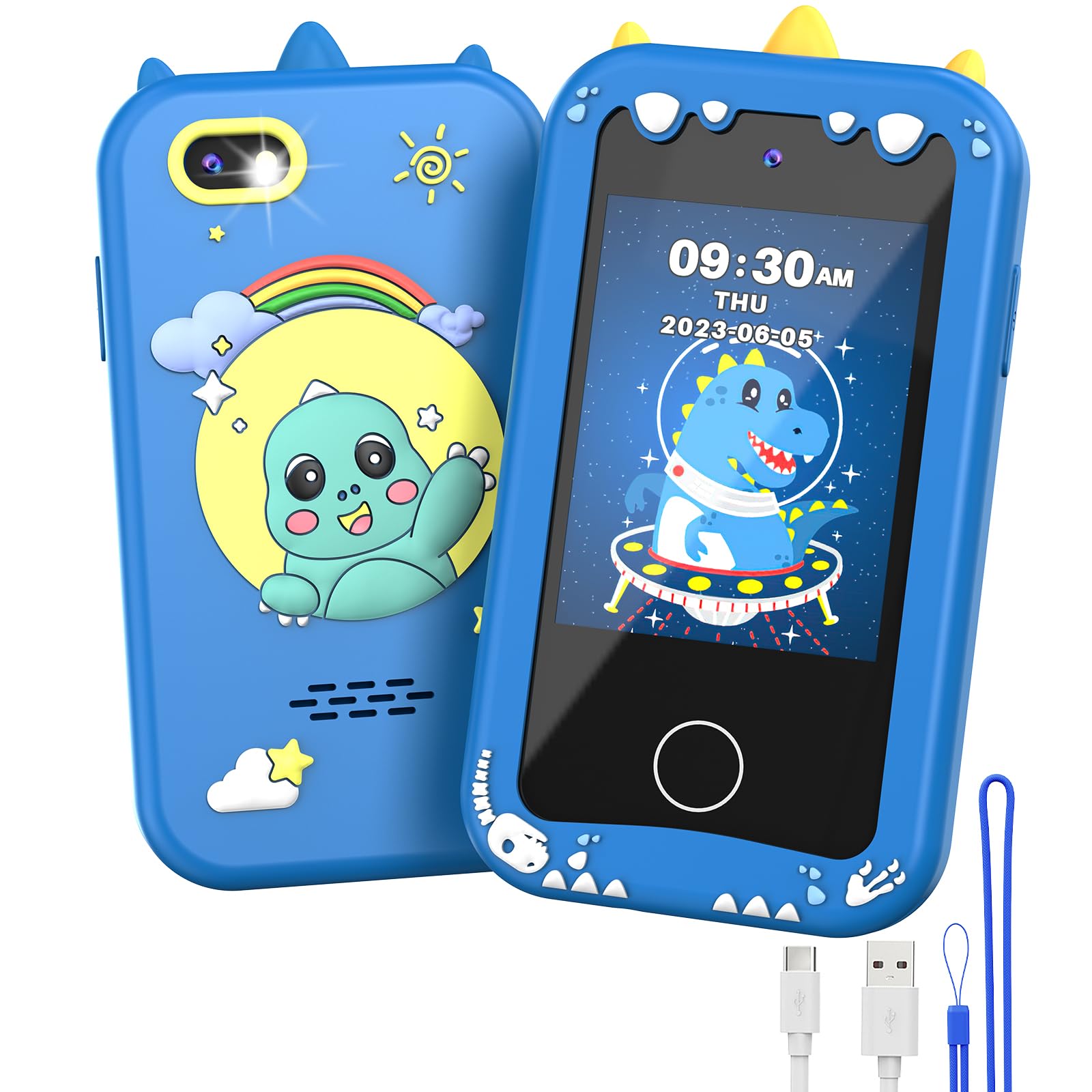 UCIDCI Dinosaur Kids Smart Phone Toys for Boy Dual Camera &amp; Music Player Toddler Selfie Phone Toys Road Trip Toys with Learning Games, Christmas, Birthday Gifts for 3 4 5 6 7 Year Old Blue