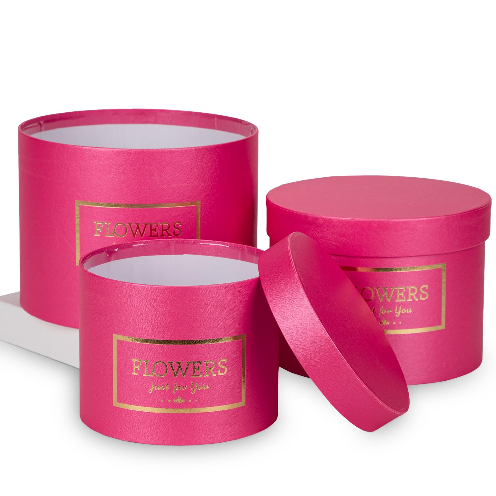 Briful Set of 3 Deep Pink Gift Boxes with Lids, Round Gift Box with Inner Plastic Box for Fresh Flowers Dried Plants Small Gift boxes for Presents, Crafts, Wedding Decor