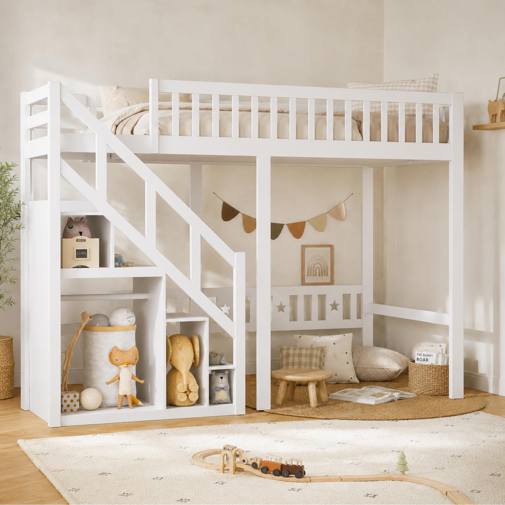 DULRLLY Lit Double Mezzanine 140x200 cm, Lit Superposé Enfant avec Escaliers de Rangement et Barrière de Sécurité, Sommier à Lattes en Bois, Lit Hauteur pour 2 Enfant, Garçon et Fille, Blanc