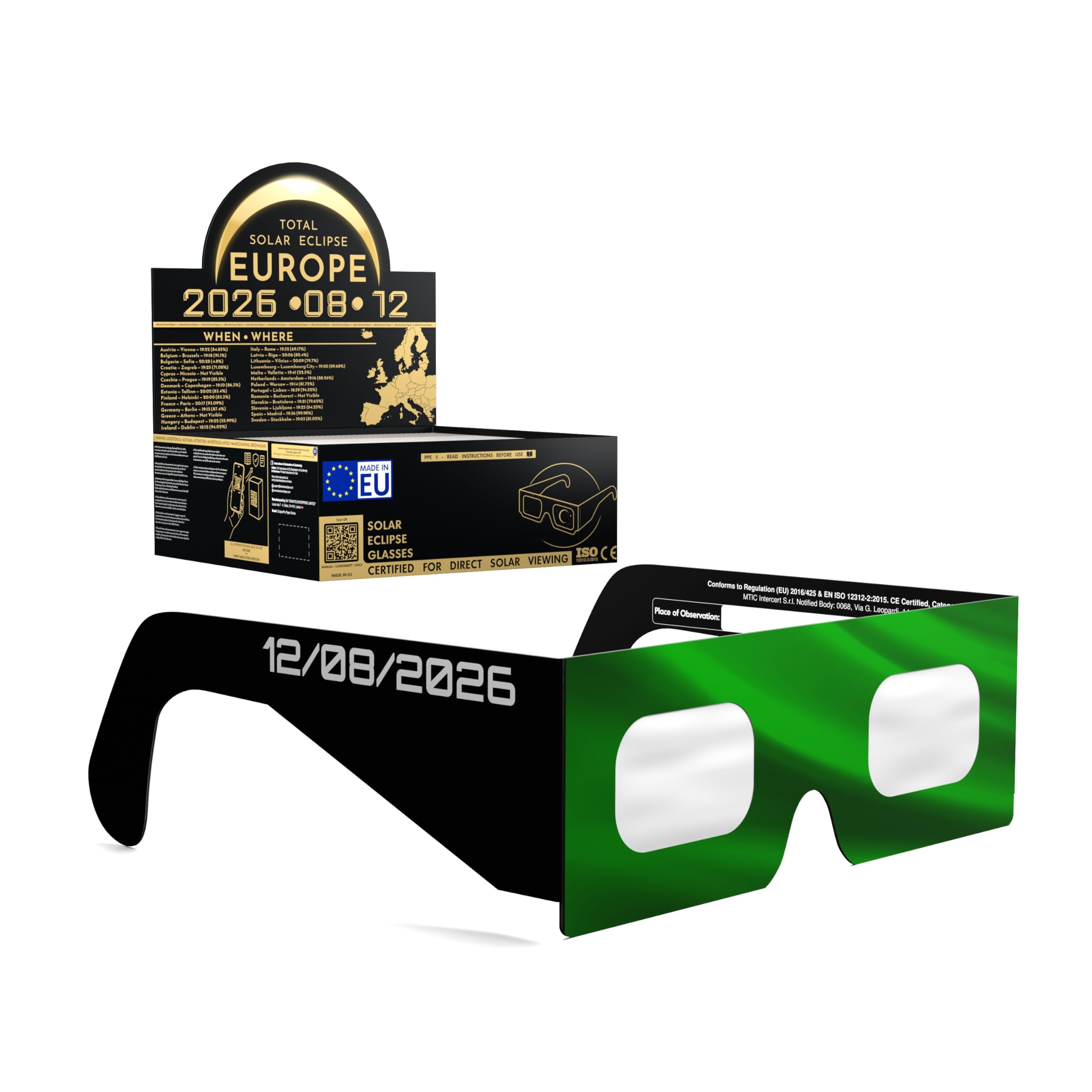 Solar Eclipse Glasses ISO 12312-2 CE Certified | Safe Solar Viewing Glasses UK | Paper Cardboard Frame | Total Solar Eclipse August 2026 | Made in EU | 50 Pack | PT โ image 1