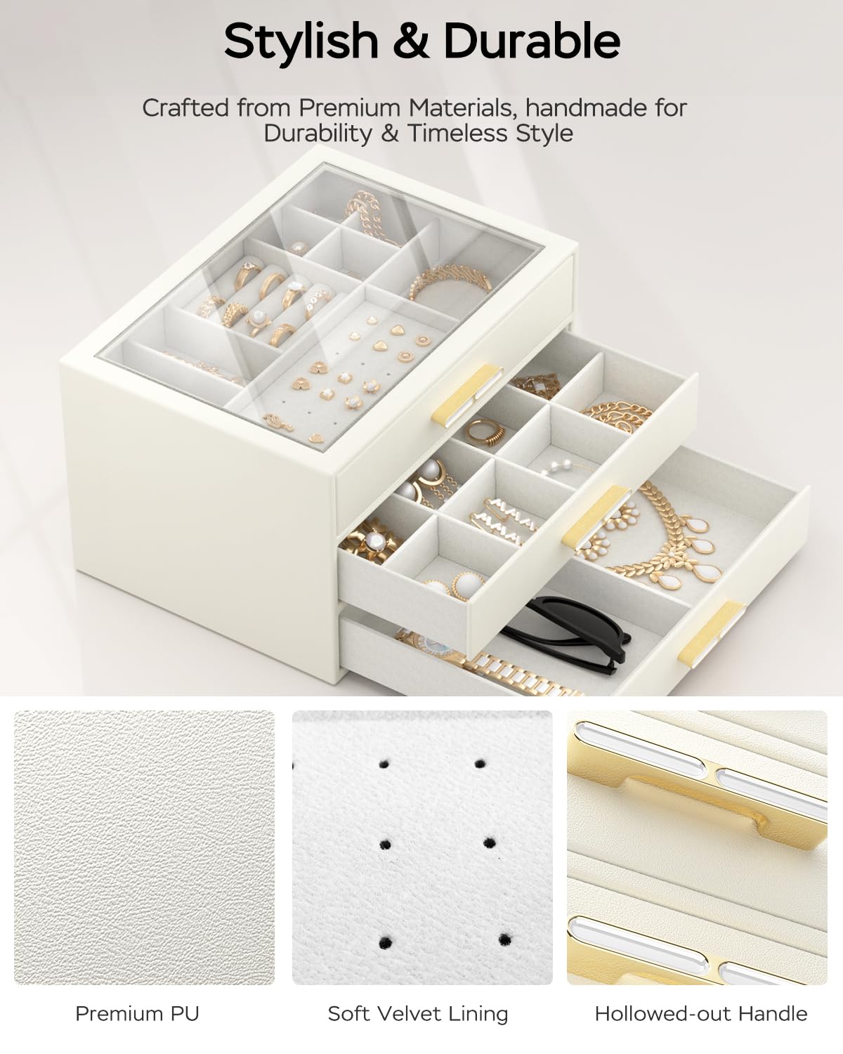 Joyero para mujer, organizador de joyas de 3 capas con tapa transparente, cajas de joyería grandes para collares, anillos, aretes, pulseras, regalo para niñas y madres, color blanco nube