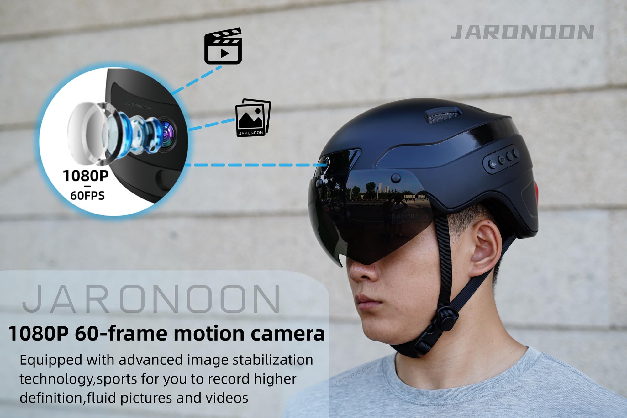 Casco da bicicletta per adulti Casco Bluetooth Smart con registratore di guida e visiera staccabile Funzione fanale posteriore a LED per pendolari urbani da uomo