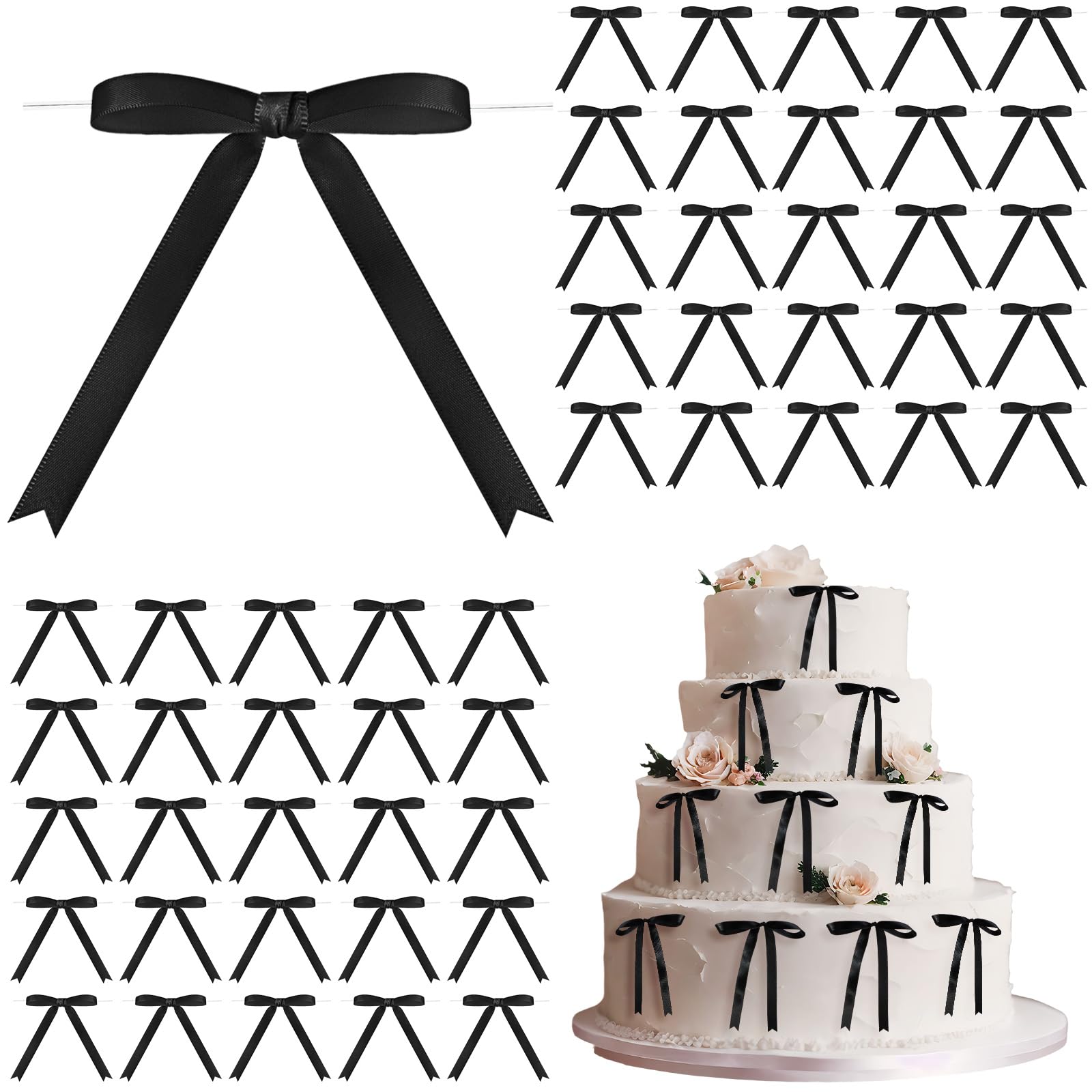 Riceshoot 100 Pcs Twist Tie Bows for Cake 3 x 4.3 Inch Satin Ribbon Bulk Pre Made Bows for Wrapping Gift Treat Bags DIY Craft Valentine Wedding Baby