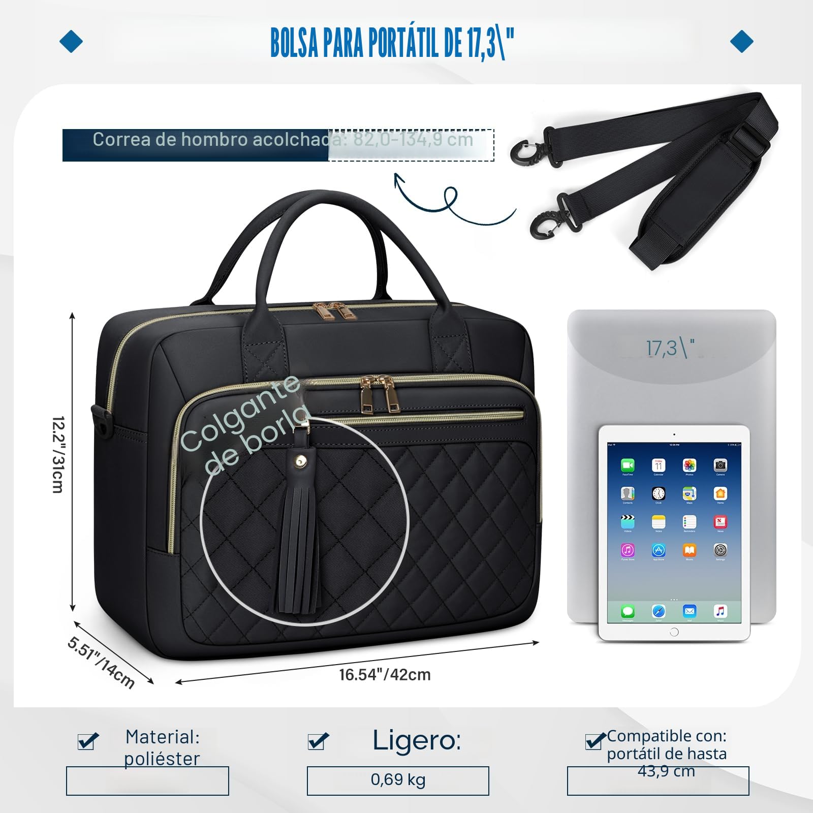 RAINSMORE Maletin Portatil Impermeable Bolso Portatil Mujer 17,3 Pulgadas Portadocumentos Mujer Grande Bolso Ordenador Portatil para Trabajo Oficina Universidad Negro