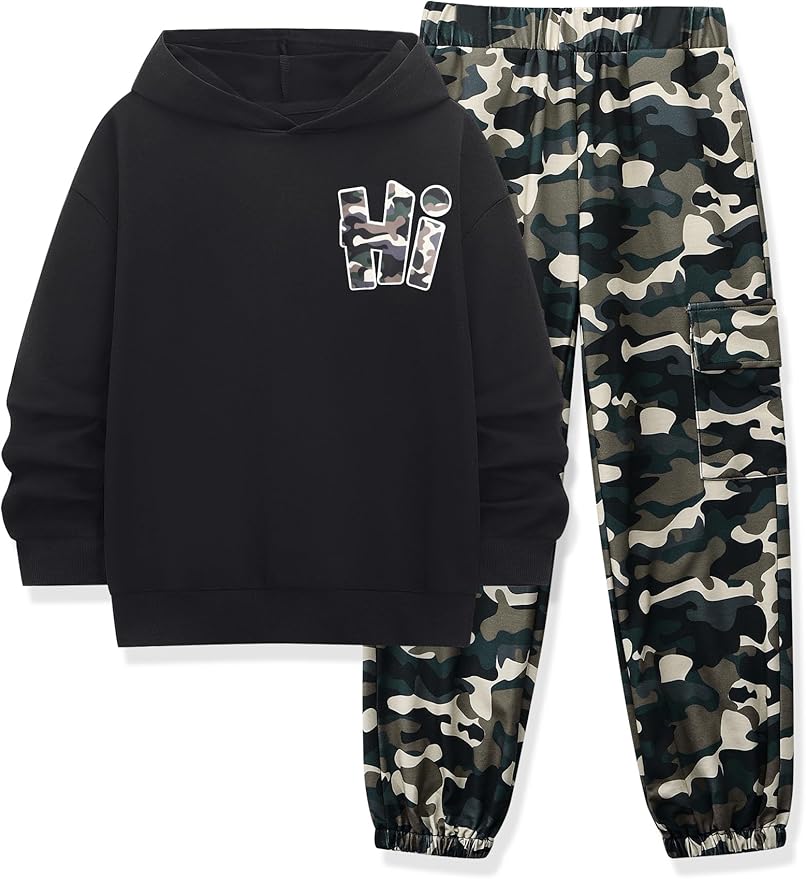 Boys Clothes Long Sleeve Hooded Sweatshirt Top Camouflage Sweatpants Fall Winter Kid Outfits Set 6-14T