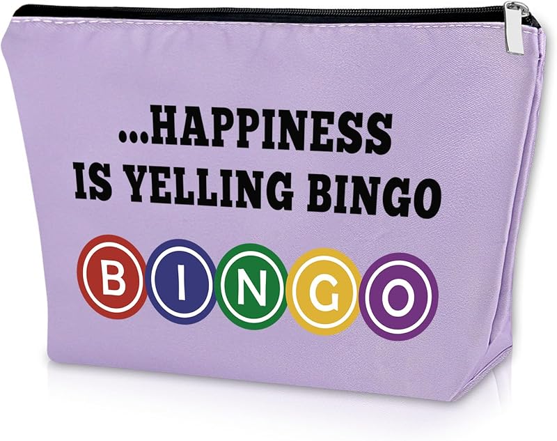 Necessaire de maquiagem Sazuwu Bingo Purple com estampa de letras, zíper e tecido Oxford