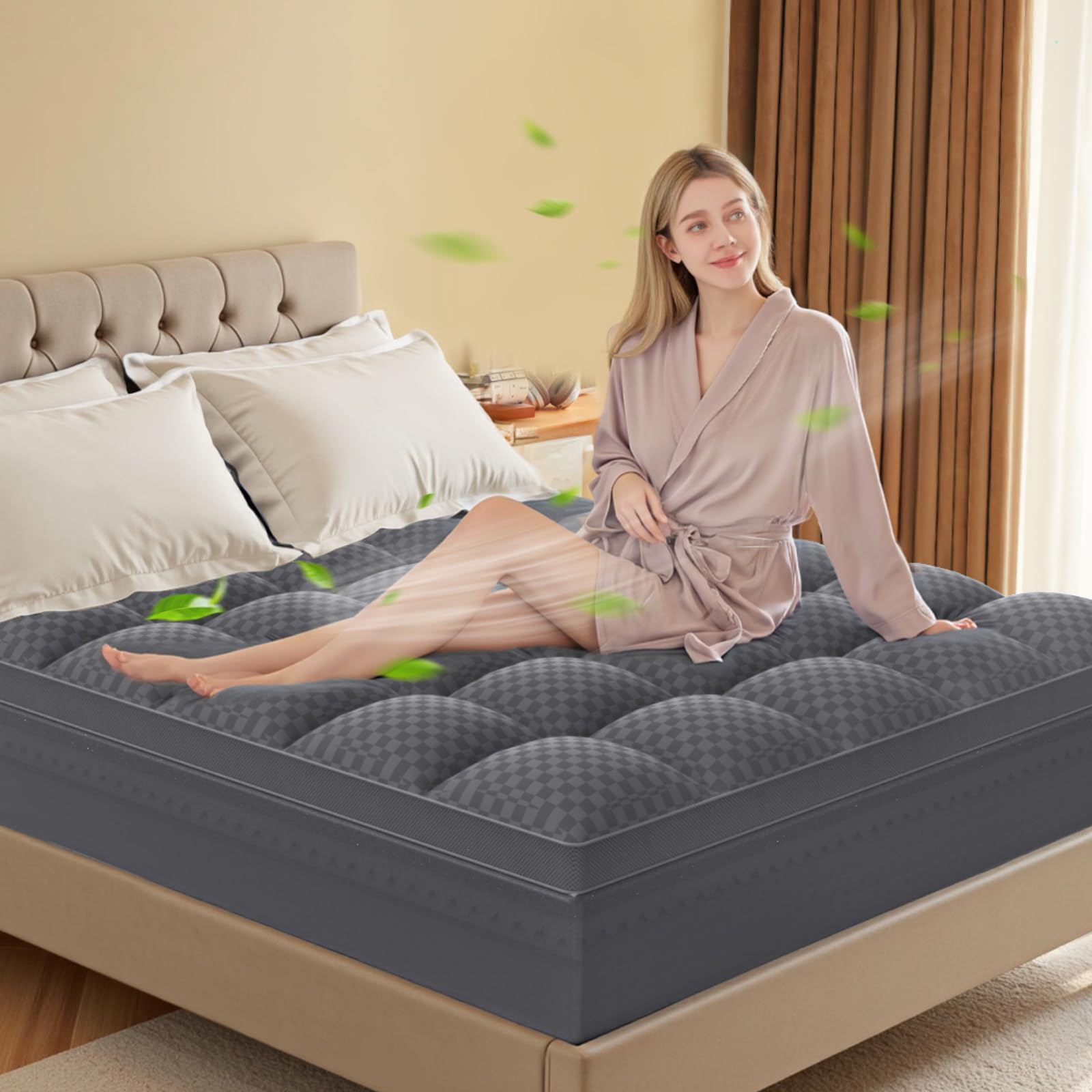 (small cut) King Mattress Topper, 2" Pillow Top Mattress Pad Cover, Dark Gray