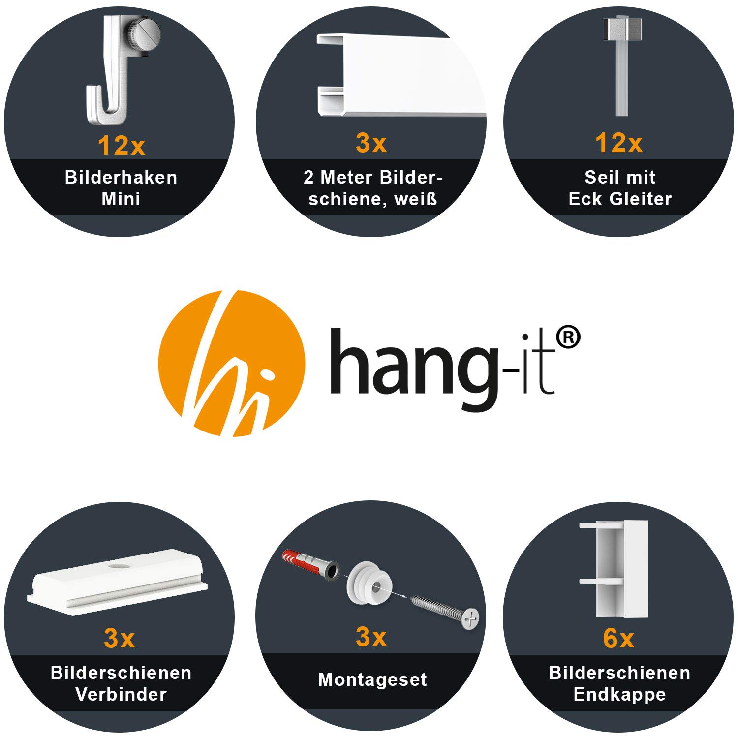 hang-it 6 Meter Bilderschienen Galerieschienen - Komplett Set in weiß