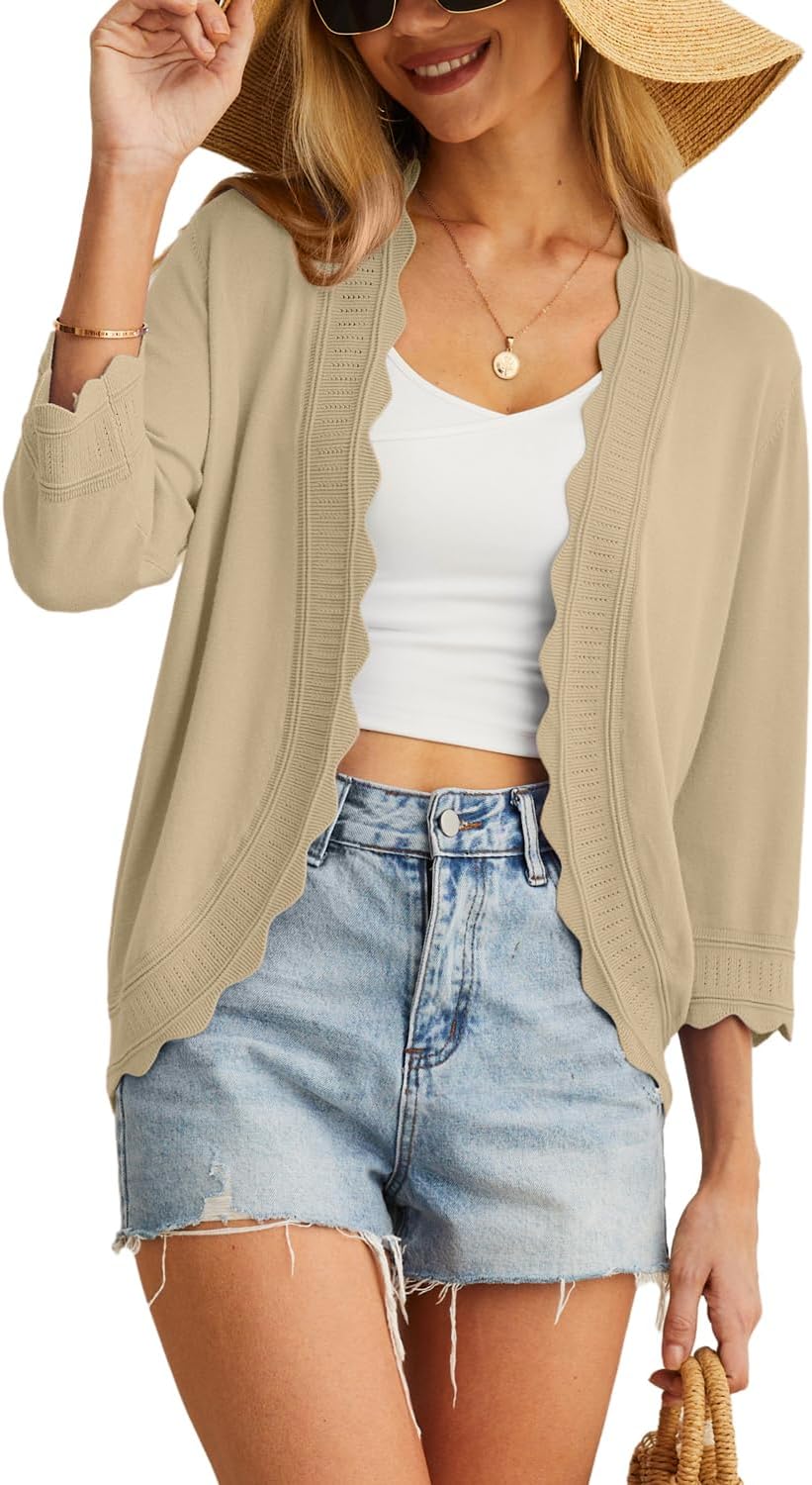 GRECERELLE Women's 3/4 Sleeve Summer Cardigan Lightweight Casual Open-Front Cropped Shrug Sweaters for Women