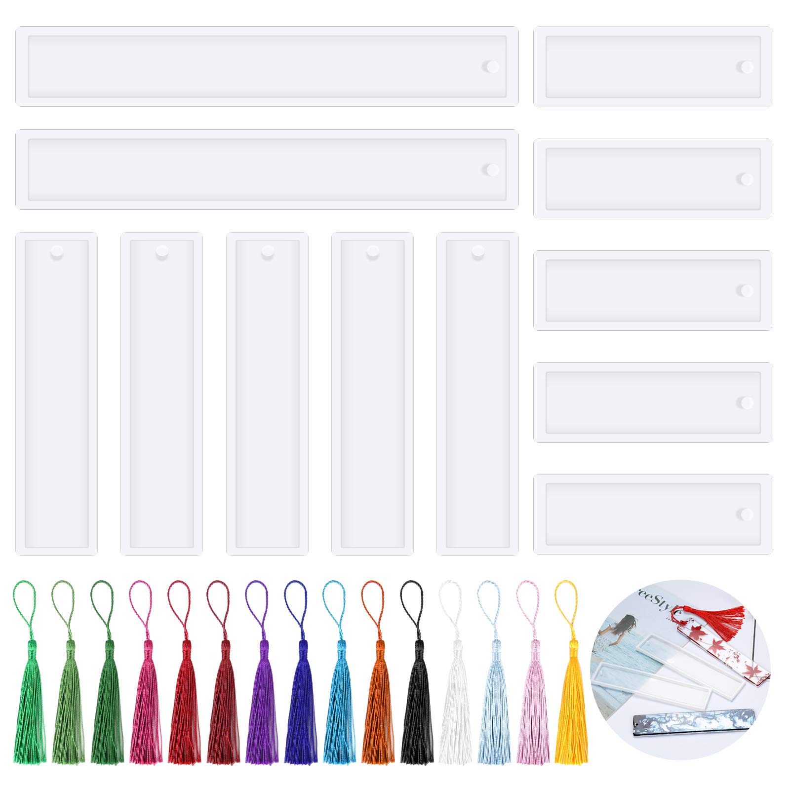 Jubaopen 12PCS Moldes Resina con 15PCS Borlas de Colores Molde Marcapáginas Resina Moldes Marcapáginas Molde de Resina Epoxi Marcador Reutilizable para Decoración Artesanía Libro DIY (3 Tamaños)