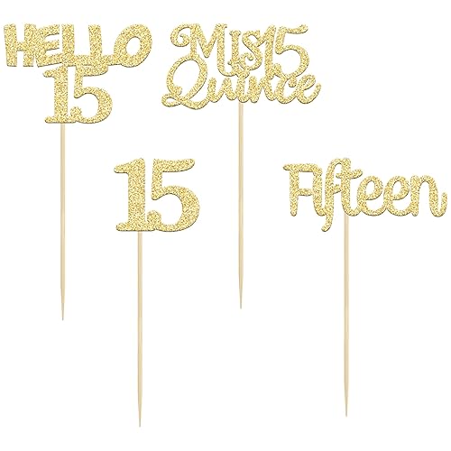 Miniatura 3 de Gyufise 24 adornos dorados para cupcakes de cumpleaños número 15 con purpurina Mis membrillo 15 15 decoraciones para cupcakes para cumpleaños de 15