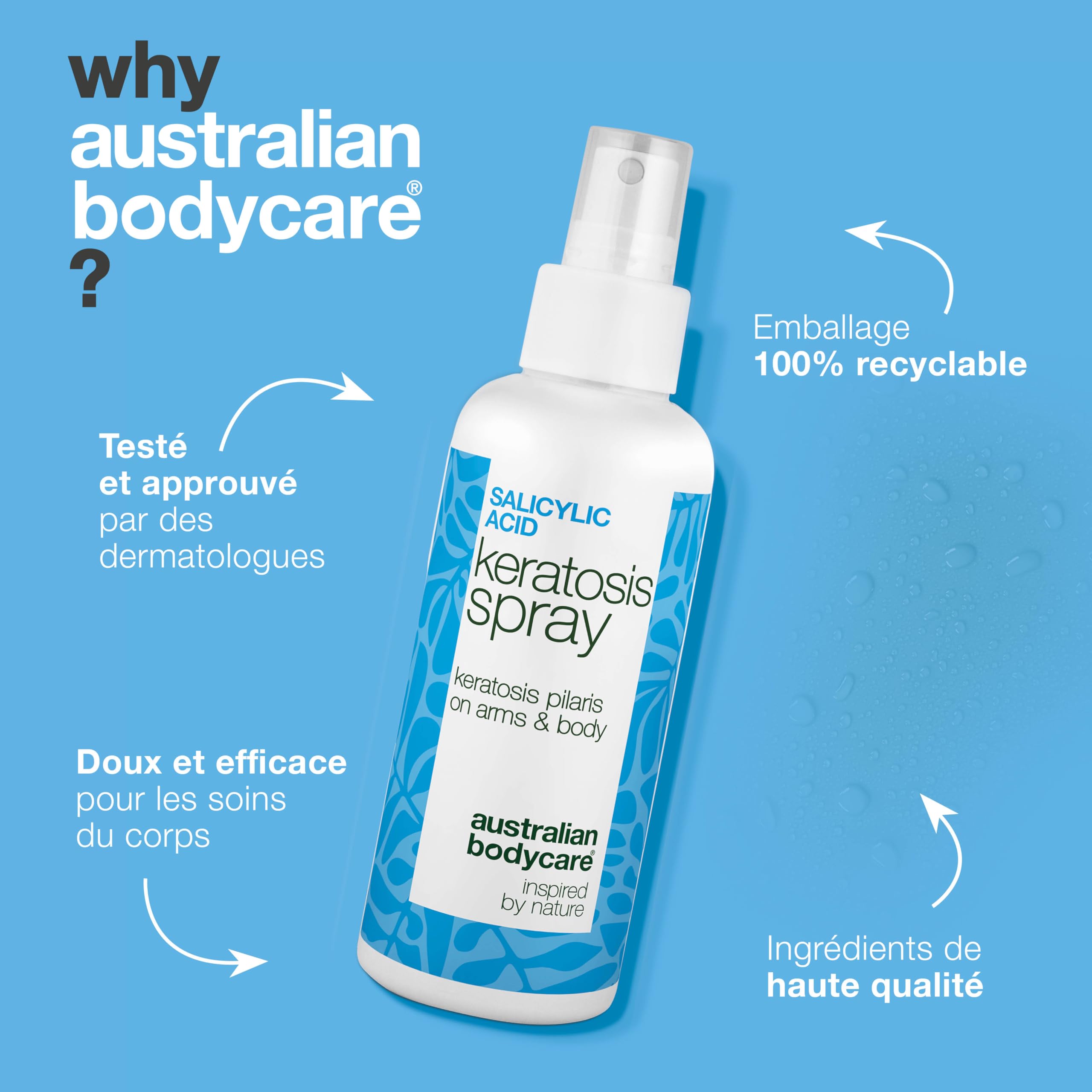 Spray kératose pilaire pour peau rugueuse, chair de poule et peau de fraise – avec acide salicylique, acide glycolique, glycérine et panthénol