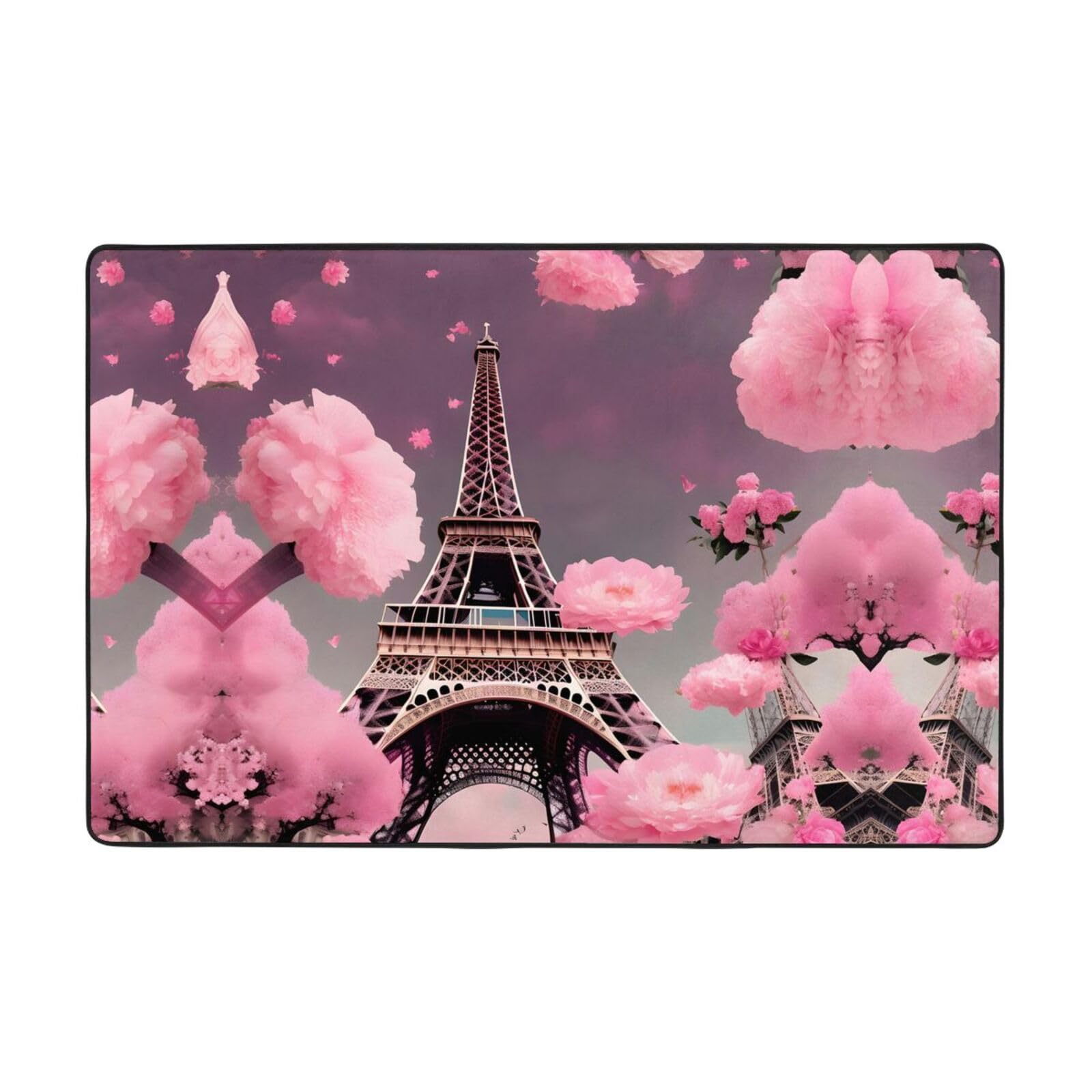 Tapis super doux motif floral rose et tour Eiffel pour décoration chambre