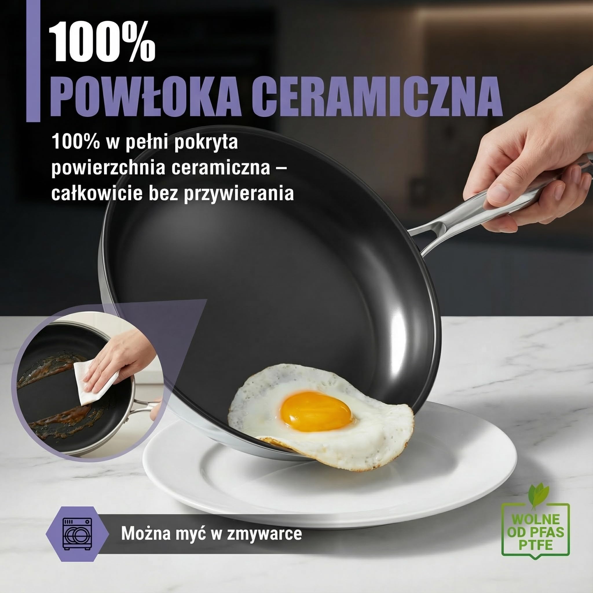 Patelnia ceramiczna 32 cm, powłoka ceramiczna | 5 warstw - 3 mm - 1,67 kg | do indukcji, nieprzywierająca, bez PFAS i PTFE | Można myć w zmywarce i używać w piekarniku do 250°C