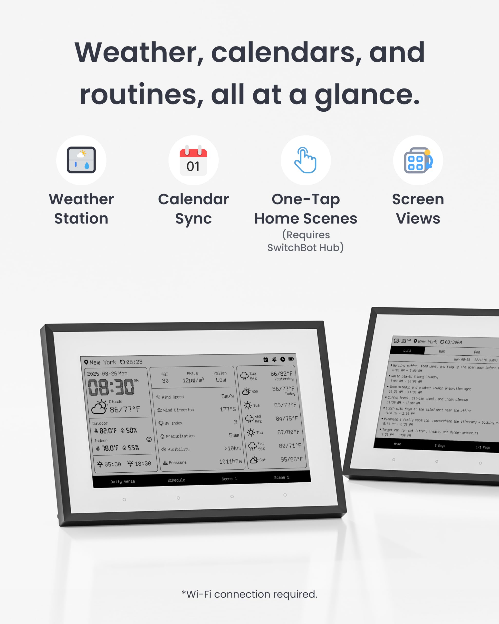 SwitchBot Smartes E-Ink-Home-Dashboard, 7,5" kabelloser Monitor für Innen-/Außentemperatur und Luftfeuchte mit elektronischer Terminanzeige, 2,4-GHz-WLAN und BLE, kompatibel mit Google/iCloud/Outlook