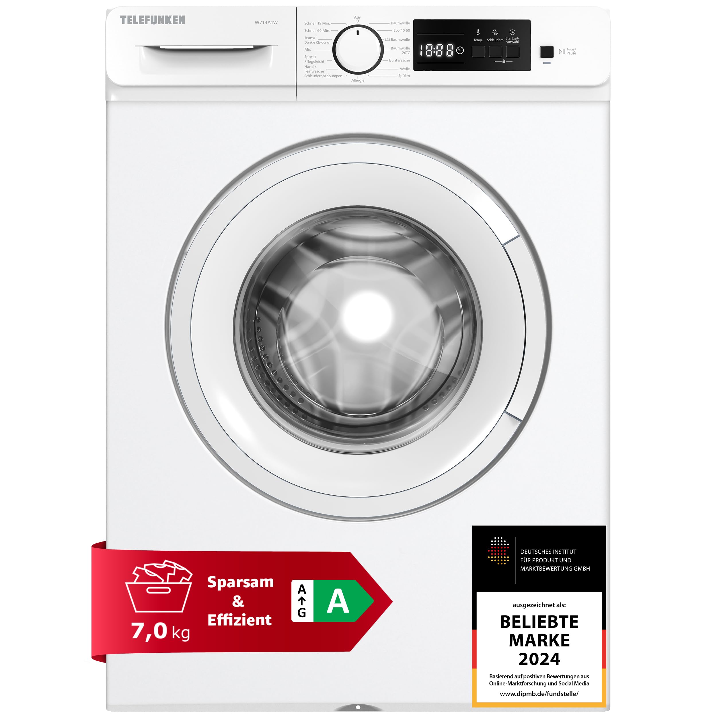 Telefunken W714A1W Waschmaschine 7kg Frontlader 1400 U/Min. EEK A | Inverter Motor - Leise & Effizient, Schontrommel aus Edelstahl, Startzeitvorwahl, Washing Machine, 15 Programme, weiß