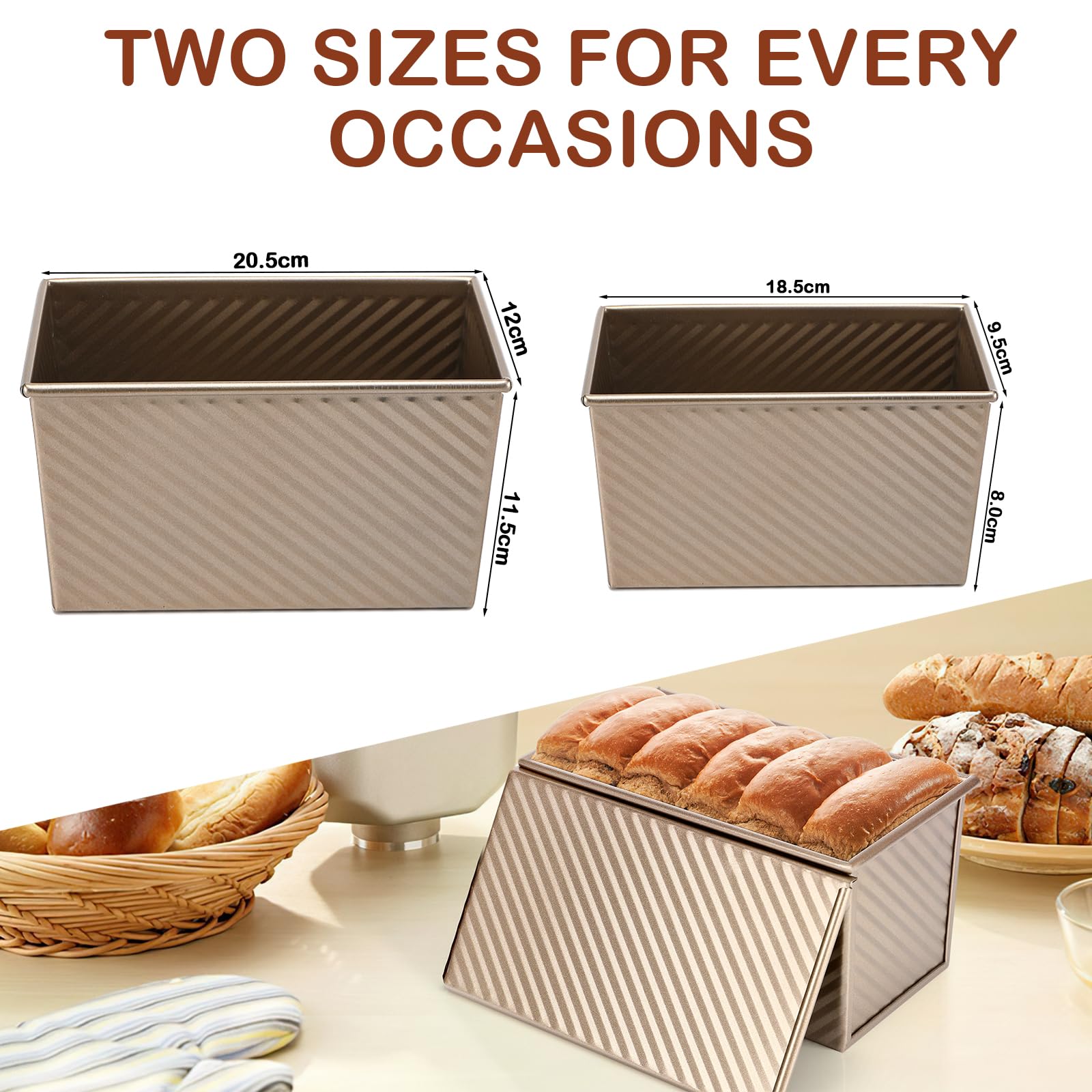 Pack 2 Moldes Para Pan Antiadherentes Con Tapa Deslizante - Acero Al Carbono, Ventilación, Estilo Ondulado