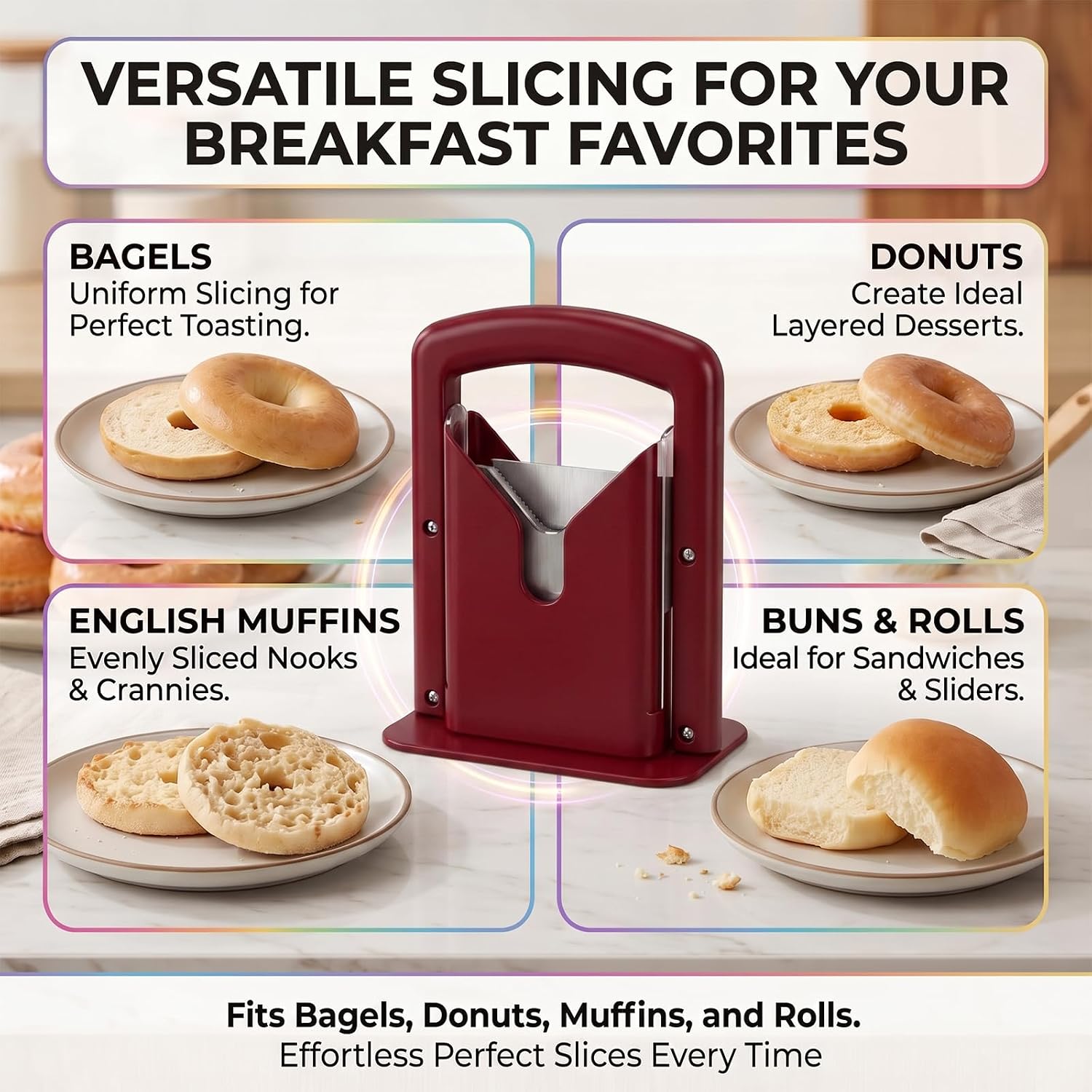 Bagel Slicer, Stainless Steel Kitchen Guillotine Cutter with Safe Grip and Safety Shield for Bagels, Breads, Muffins, Buns, Rolls - Fast, Easy And Safe, (red)