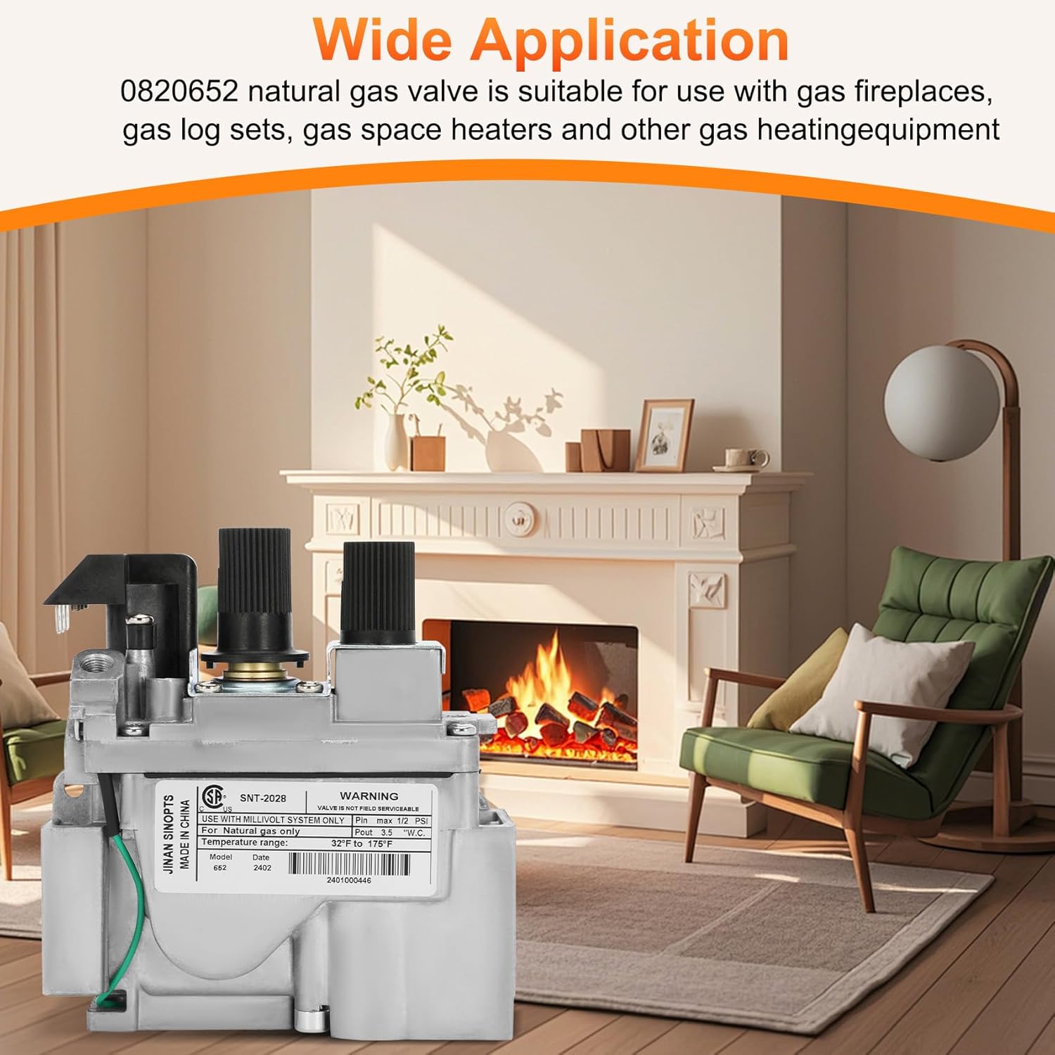 0820652 Natural Gas Fireplace Valve, Direct Vent Millivolt Gas Valve Appliances for Fireplaces, Stoves, and Gas Logs, Replacement OEM Components Compatible with 820 Series