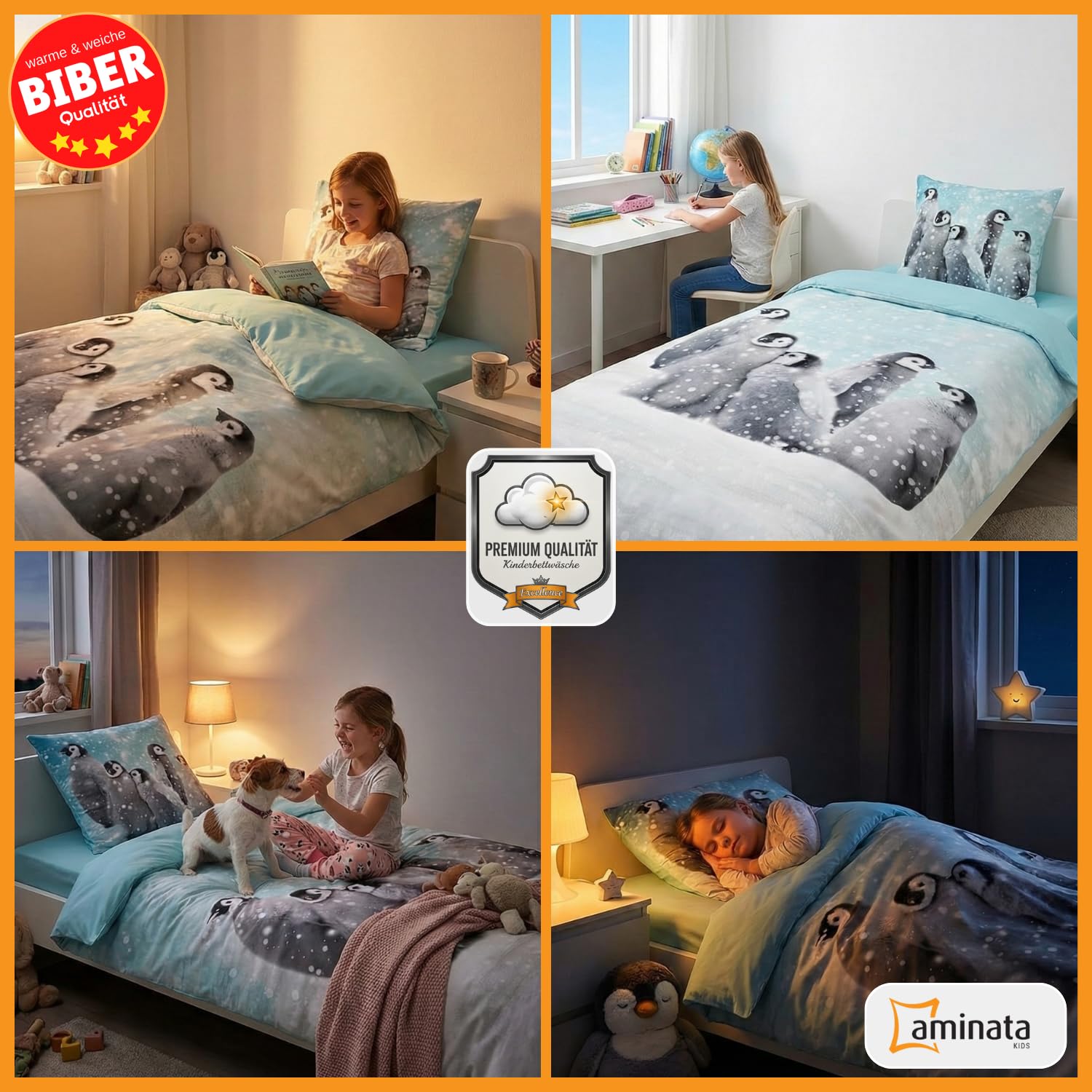 Aminata kids Biber Pinguin Bettwäsche 135x200 cm 100% Baumwolle Petrol