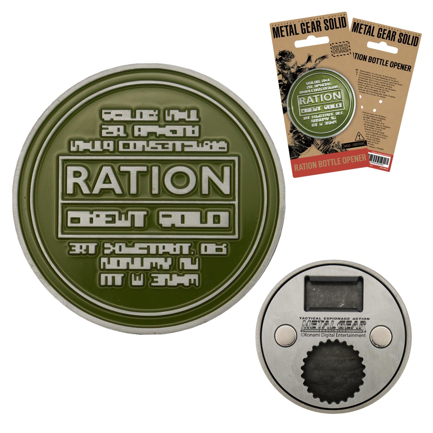 Metal Gear Solid Ration Premium Bottle Opener – Officially Licensed Heavy Duty Metal, Magnetic Reverse, Twist Top Feature – Video Game Collectible Gift for Gamers