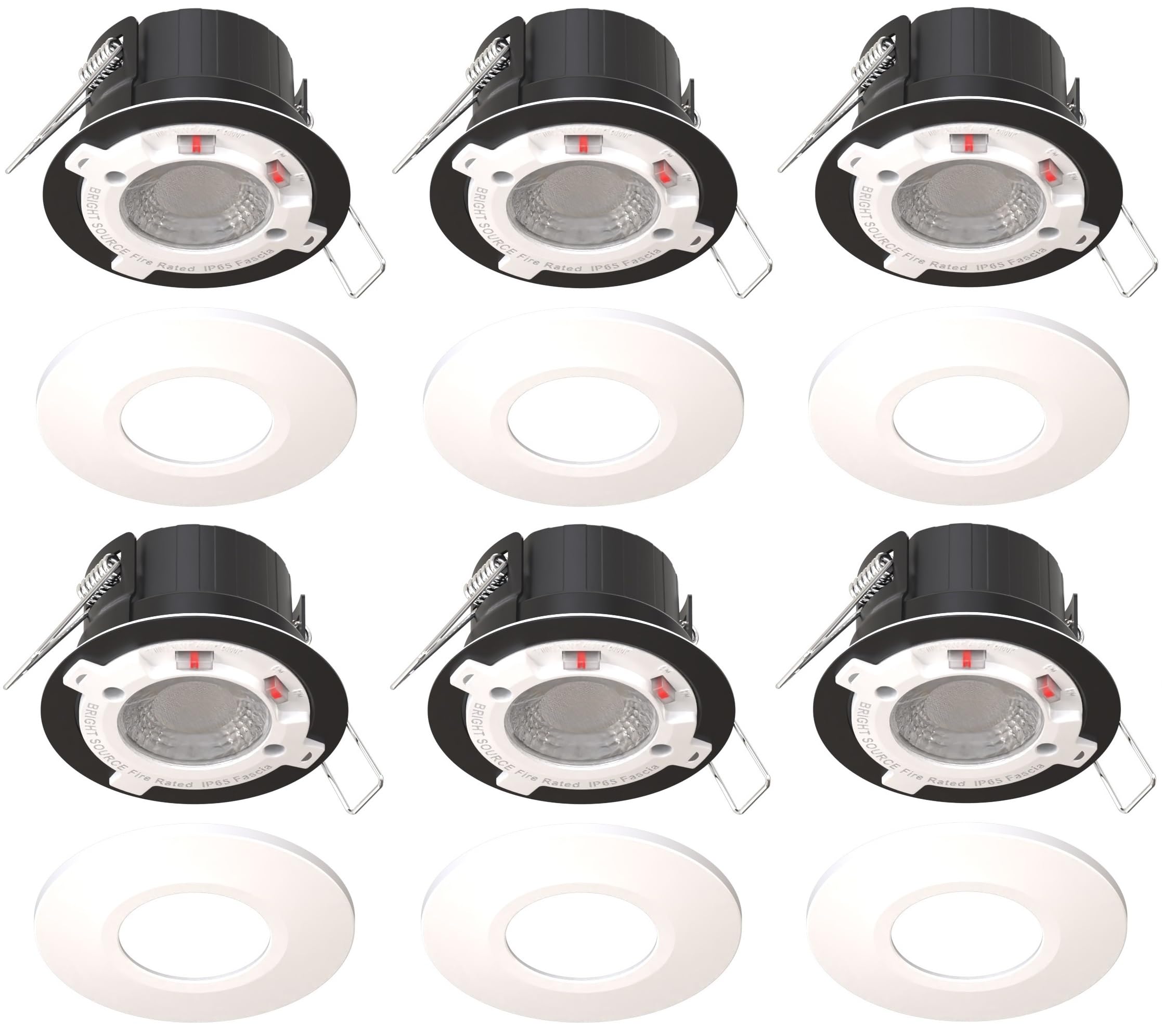 Bright Source All in One Switchable Wattage 6W/8W Integrated LED Spot Downlight, TRIAC Dimmable, Switchable Colour 2700K 3000K 4000K 6000K, White Bezel, IP65, IK07, Fire Rated, 6 Pack