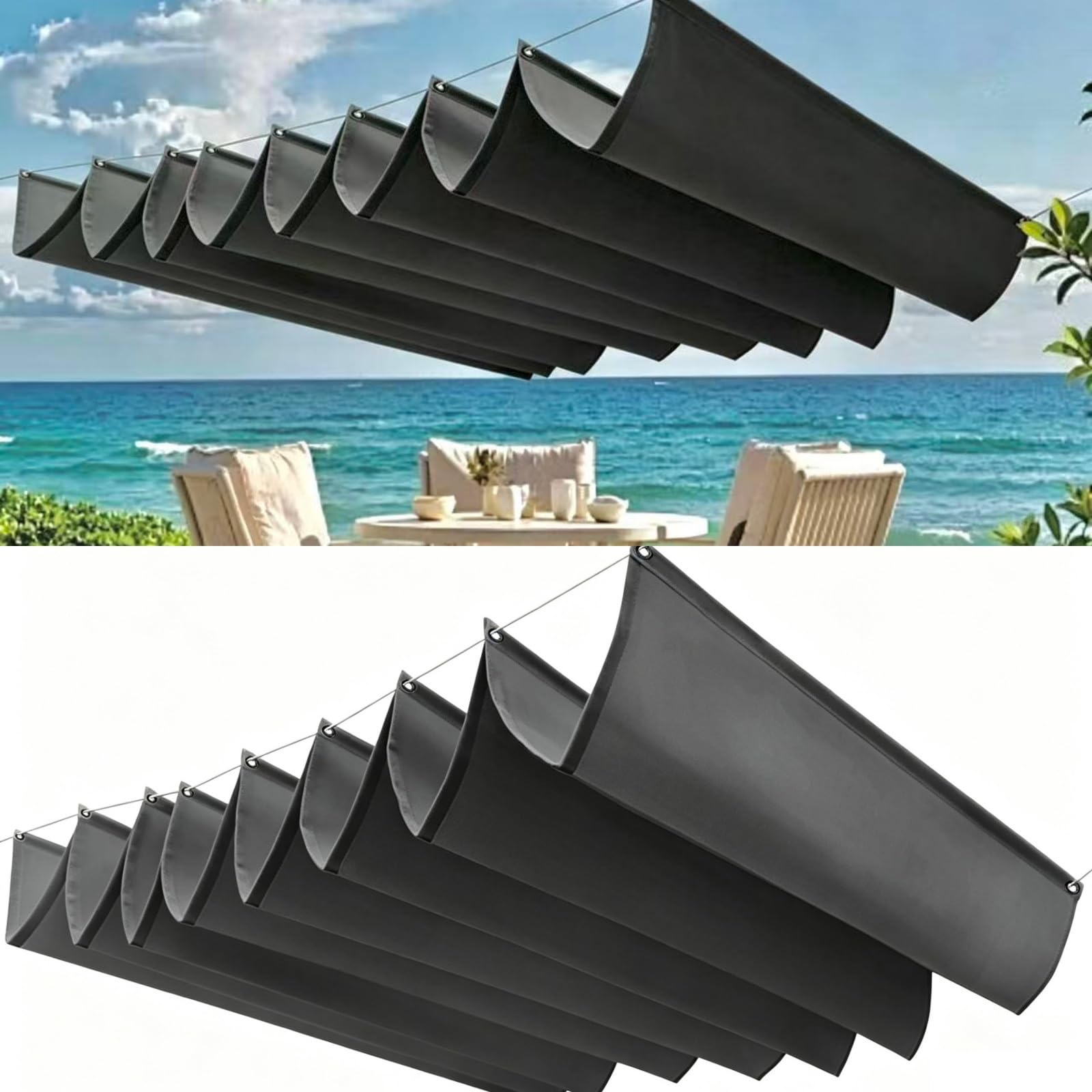 Rozwijany Żagiel Przeciwsłoneczny Wave 65x180cm Regulowany Na Zamówienie Wodoodporna Osłona Pergoli Z Oczkami I Sznurkiem Do Ogrodu Zewnętrznego, Patio, Trawnika, Ciemny szary