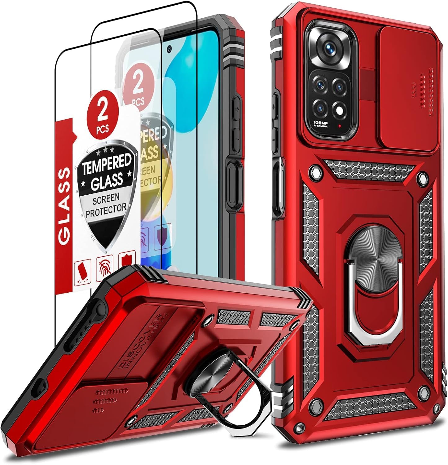 CLYDITE Cover per Redmi Note 11/Redmi Note 11S 4G Nero Custodia con Vetro Temperato [2 Pack] Fotocamera Slidable Antiurto Custodia Antiurto Grado Militare 360° Ring Supporto Silicone Custodie