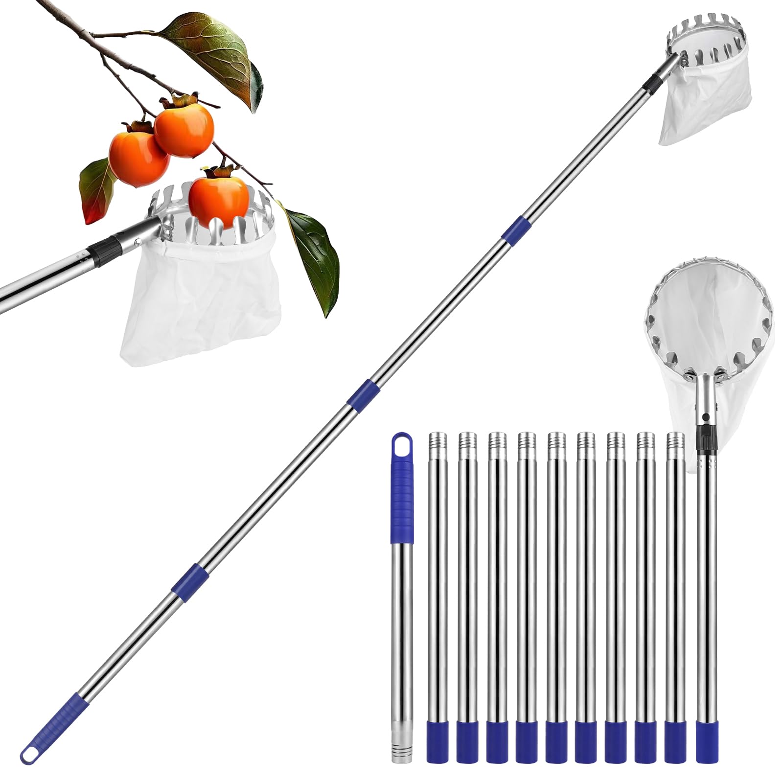 DBREAKS Raccogli Frutta, 4,2M Raccogli Mele con Manico Telescopico, Palo in Acciaio Inox Leggero Raccogli Frutta, Acciaio Inox Cestino con Sacchetto di Cotone, Diametro 16 cm