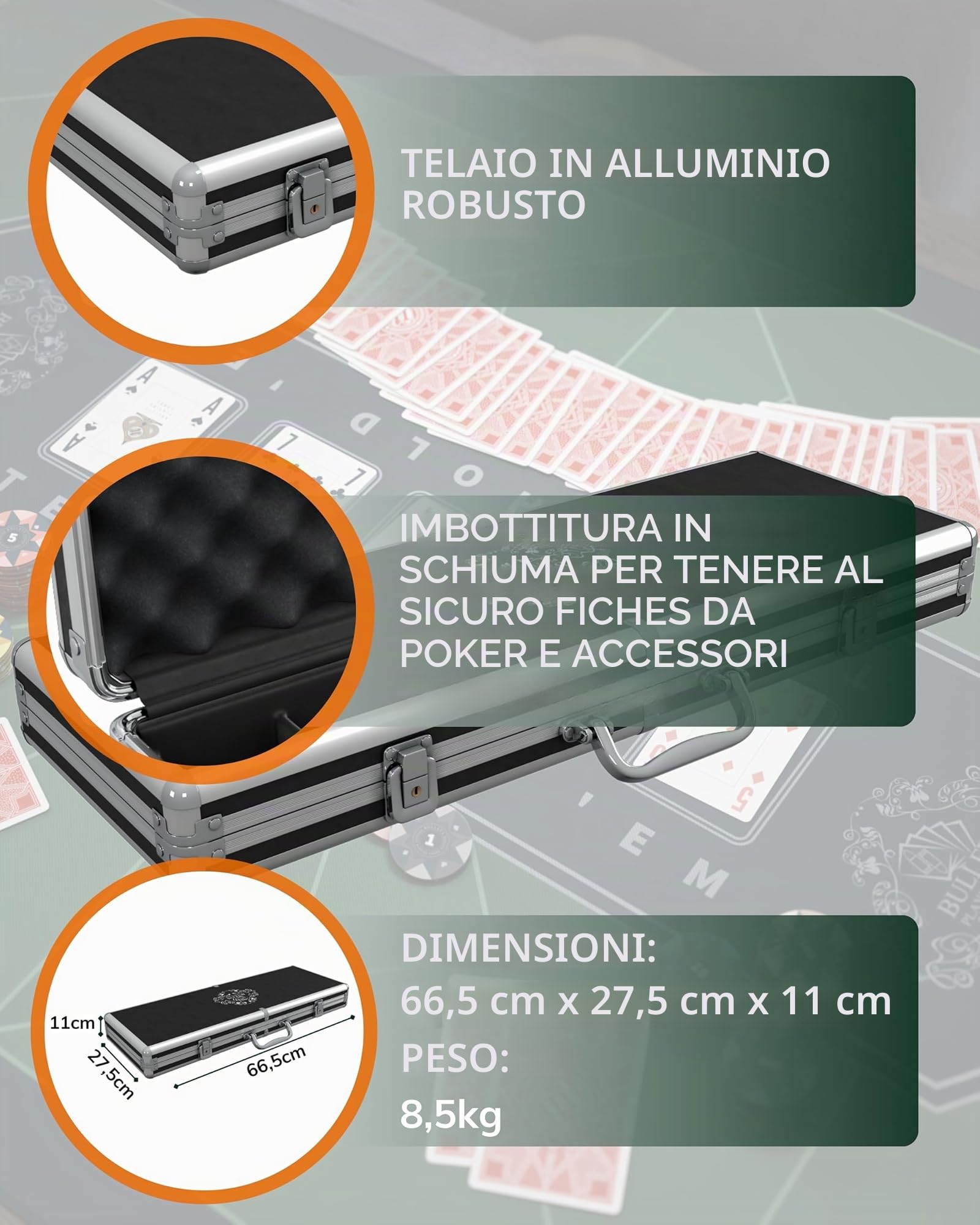 Bullets Playing Cards, Valigetta da Poker Tony | 500 gettoni in Argilla, 2 Giochi di Carte Blu e Rosso, 5 dadi, 1 Pulsante Dealer in ceramica, 1 libretto con le regole del Gioco
