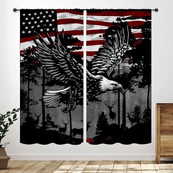 American Flag Curtains,4th of July Independece Day Flying Bird Eagles Woodland Deer Vintage Stars Stripes Flag Pattern Window Drapes for Bedroom Living Room Bathroom 21" W x 45" L,2 Panel Set
