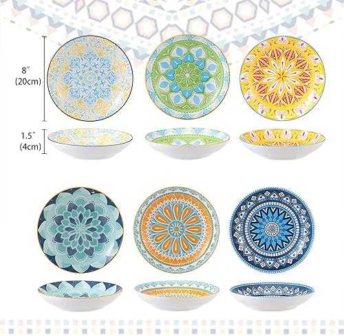 Miniatura 3 de Juego de 6 cuencos de cerámica para pasta, cuencos de ensalada de porcelana coloridos, platos de sopa de 8 pulgadas de ancho y poco profundos, aptos