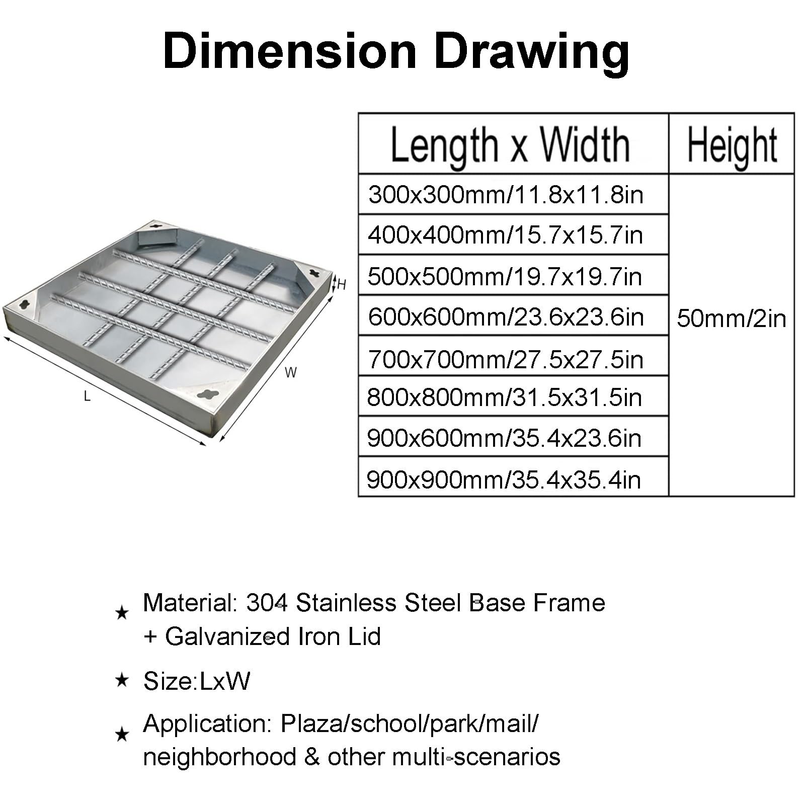 Couvercle de Regard encastré et Cadre, Couvercle de Bassin d'eaux usées, Couvercle de Fosse septique encastré carré avec Base, Couvercle de Chambre d'inspection en Acier Inoxydable