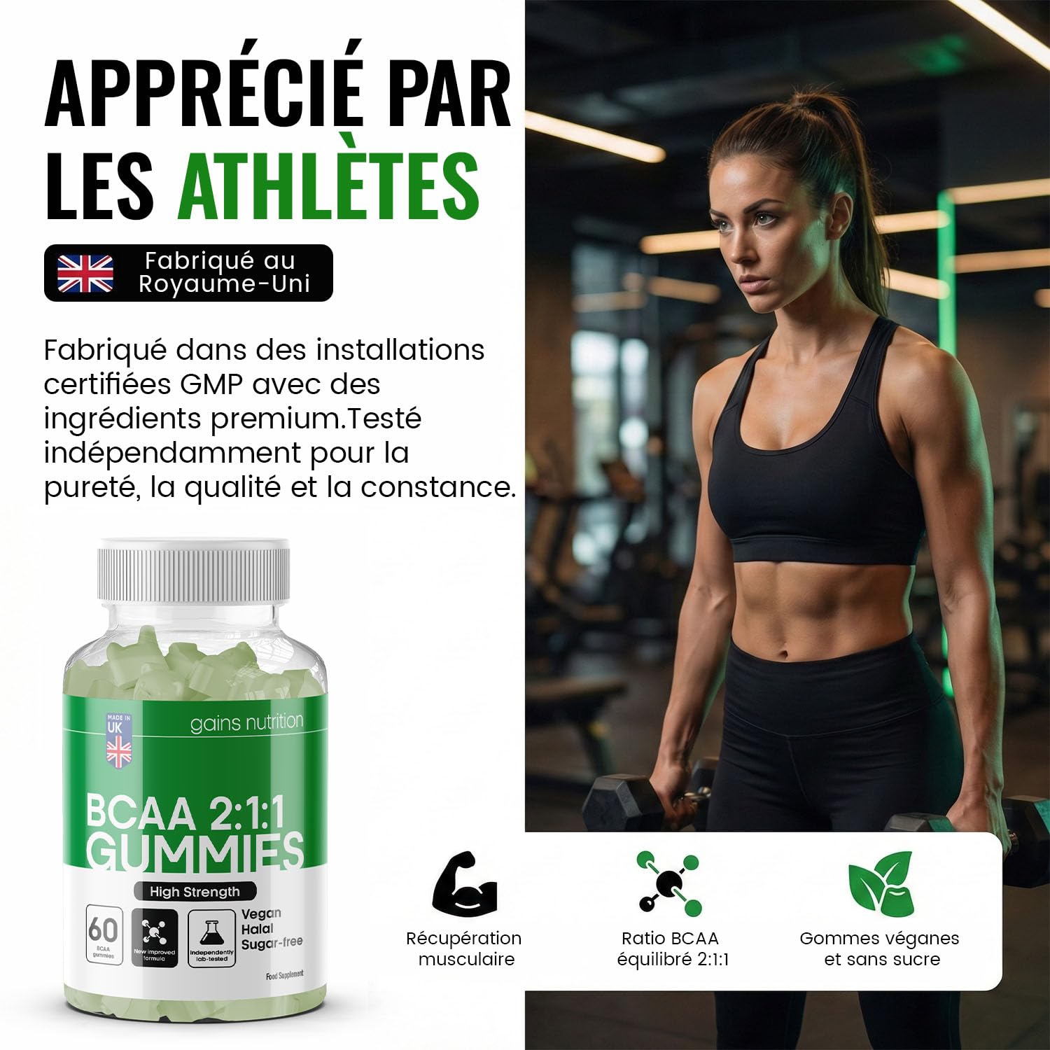 GN BCAA Gummies | 60 Gommes Acides Amines BCAA - 1000 mg Acide Aminé ramifié par portion - Complément L-Leucine L-Isoleucine L-Valine | Saveur pomme | Sans OGM Convient aux Végétaliens et Végétariens