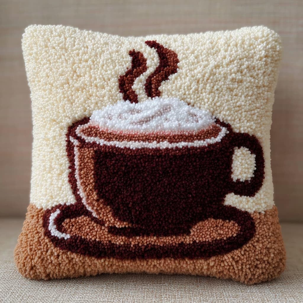 Taxpy DIY Latch Hook Pillow Cover Kits, Cartoon Teacup Stamped Handamade Pillowcase Crochet Yarn Hook and Latch Emboridery Throw Pillow 43x43cm